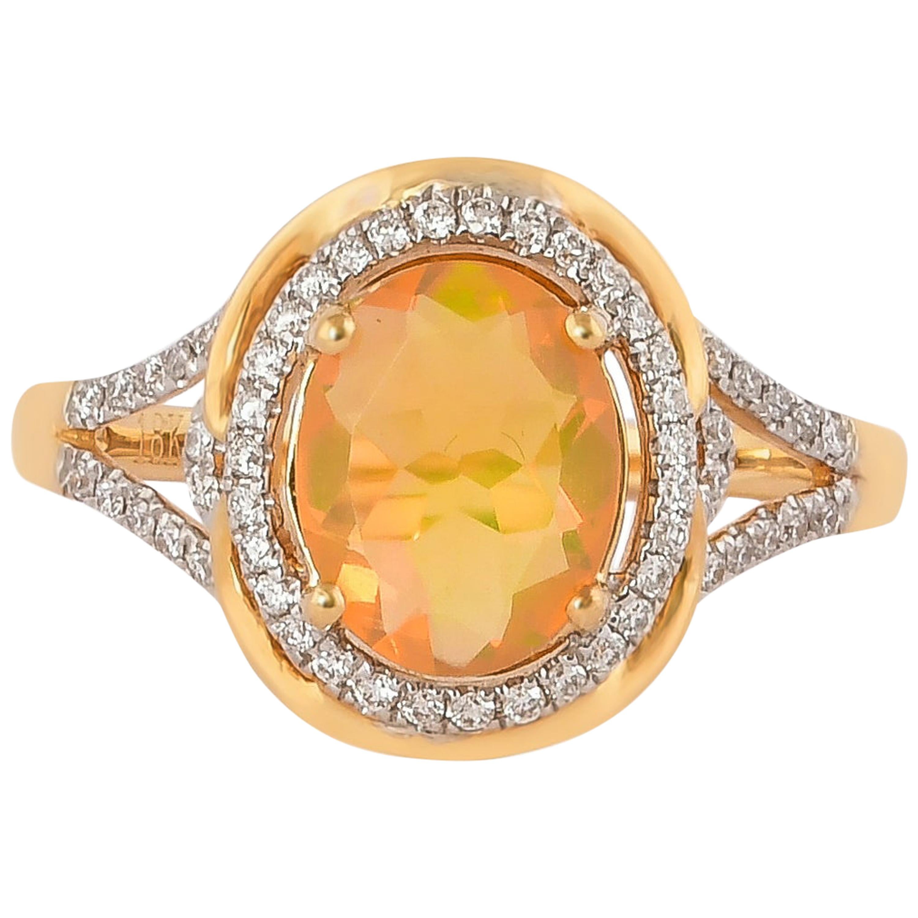 0.9 Carat Ethiopian Opal with Diamond Ring in 18 Karat Yellow Gold