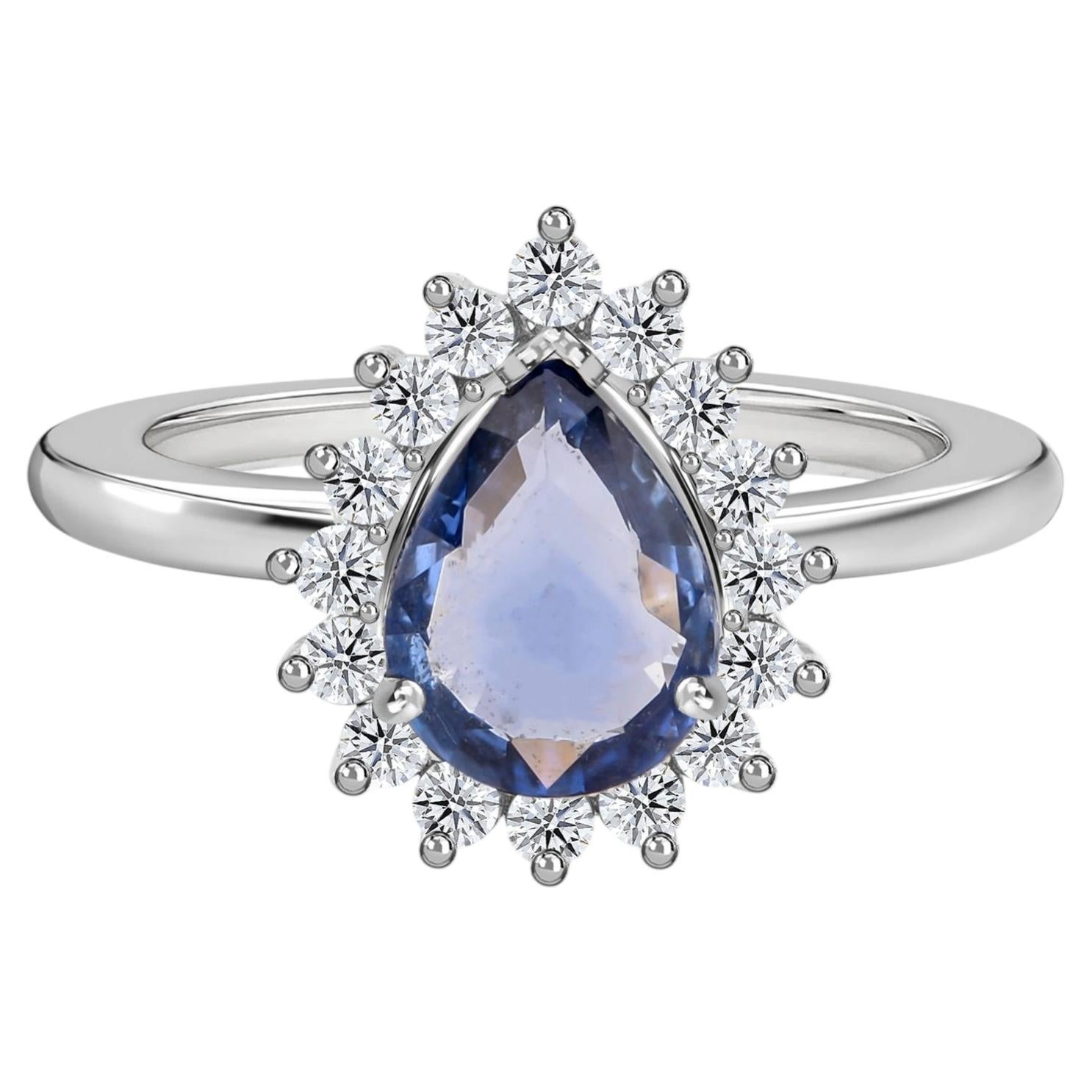0.9 Carat Pear Blue Sapphire 0.26 Carat Diamond Ring 14 Karat White Gold Jewelry