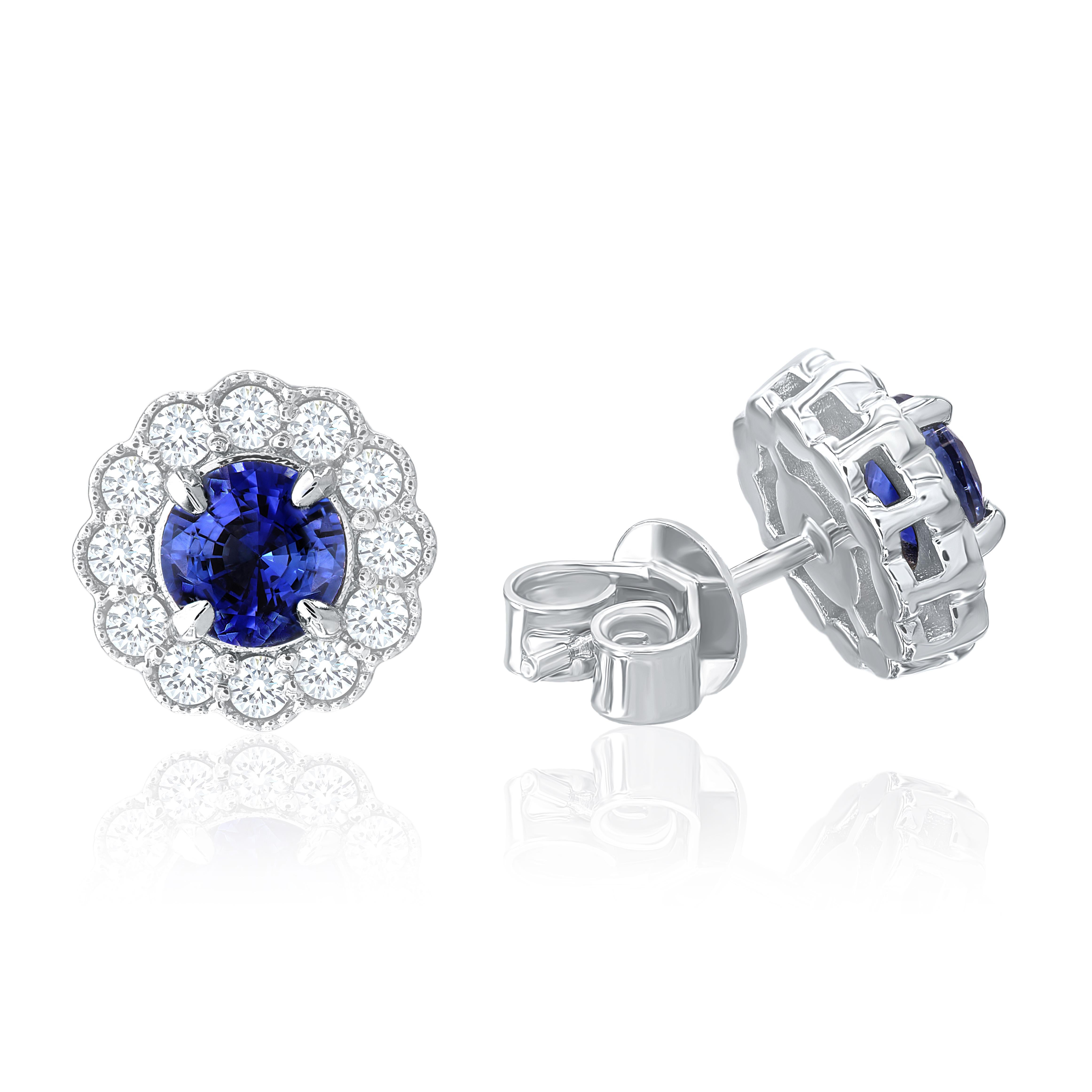 0.9 Carat Round Sapphire Stud Earrings With 0.4 Carat Halo Diamond in 18K ref445 in vendita 1