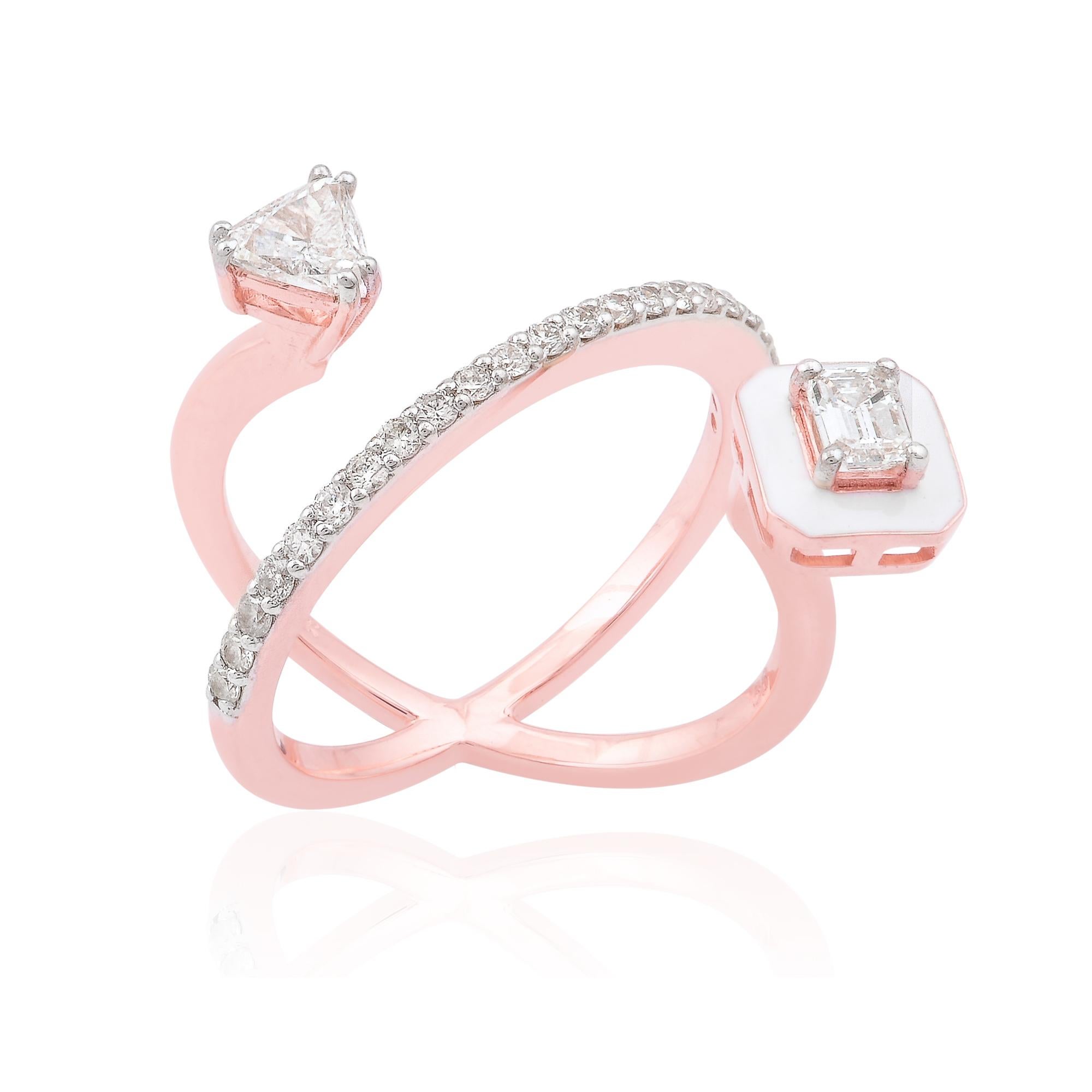 For Sale:  0.9 Carat Round Trillion Emerald Cut Diamond Cuff Ring 18 Karat Rose Gold Jewely 3