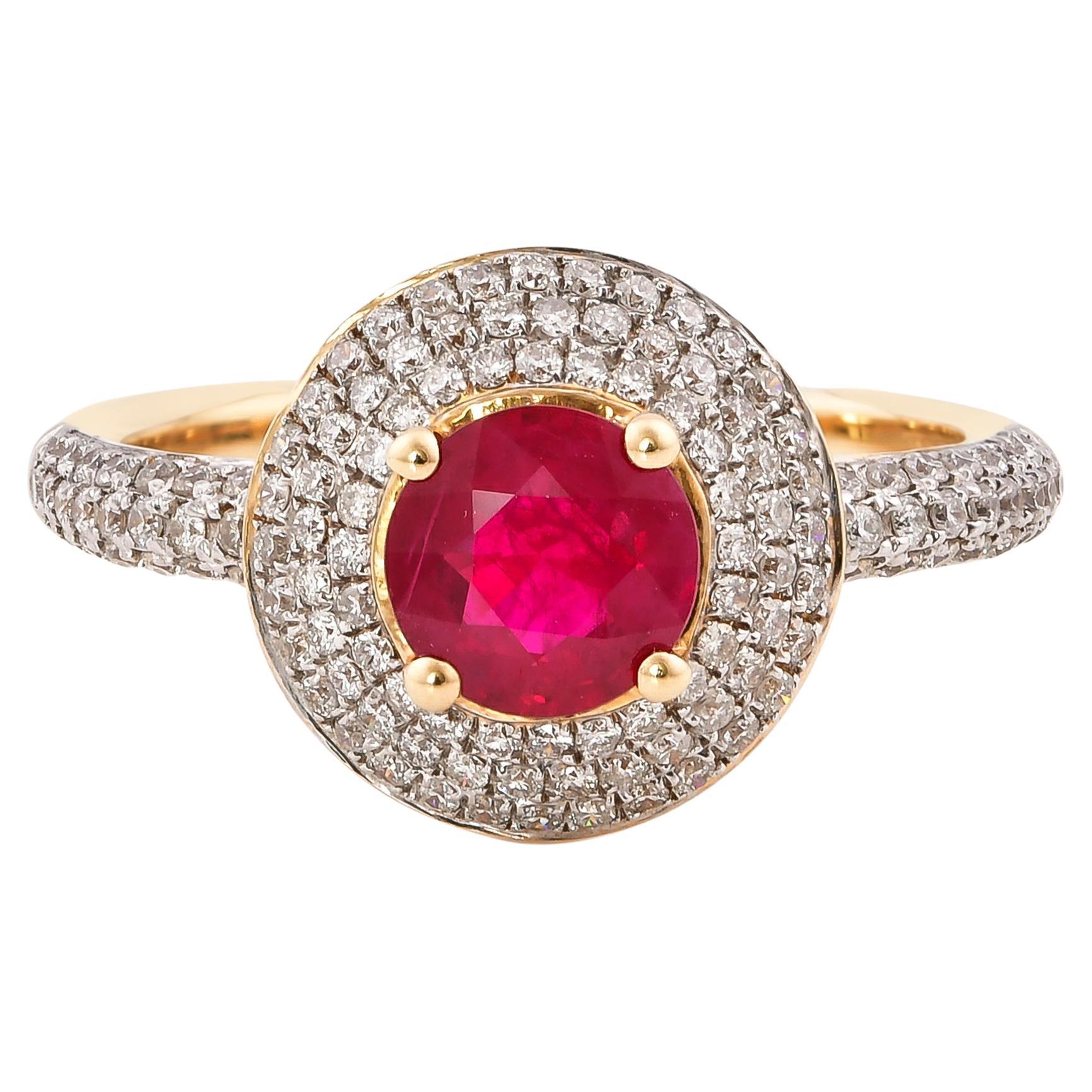 Bague en or jaune 14 carats avec diamants blancs et rubis de 0,9 carat