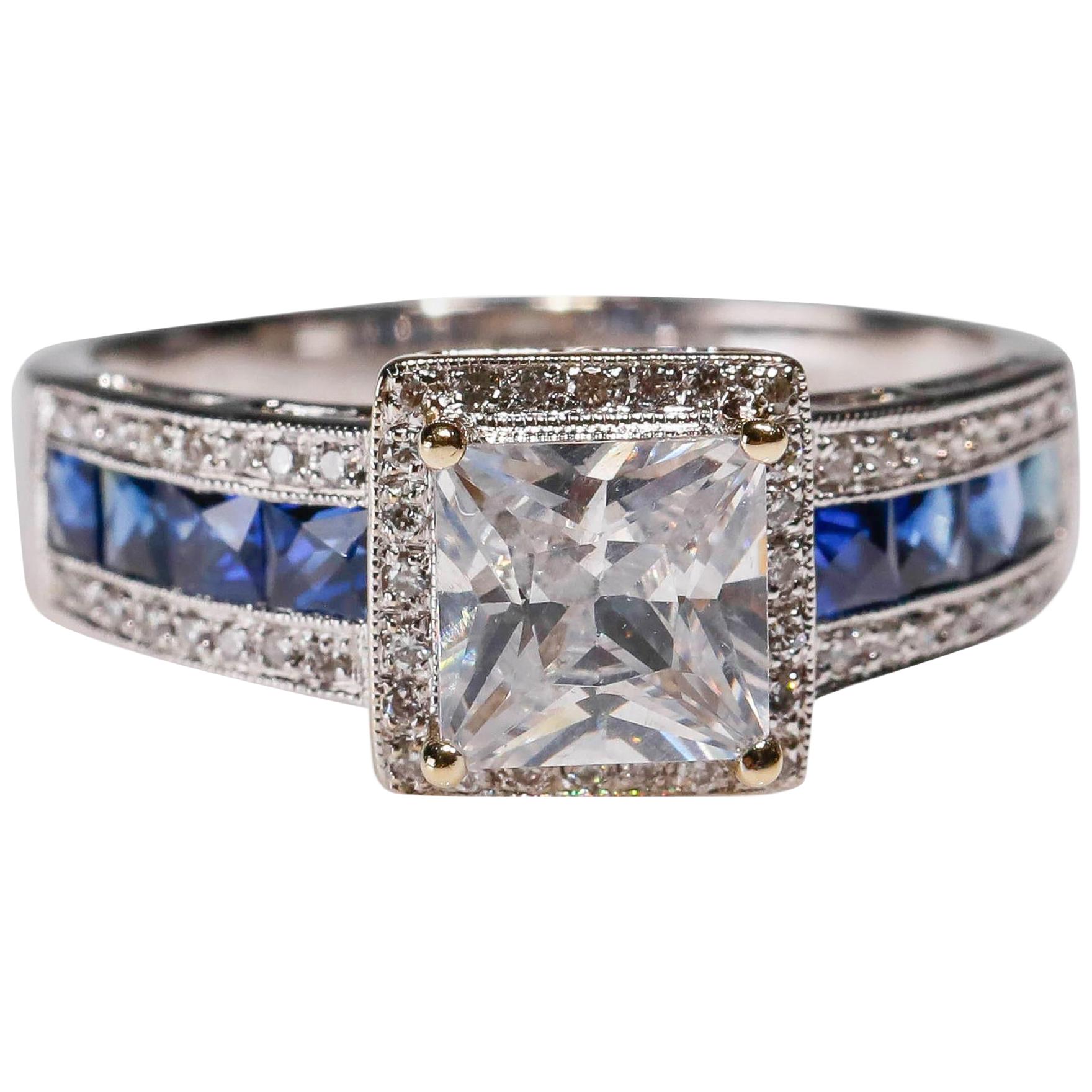 Art Deco Style 0.17 Ct Diamond Sapphire Solitaire 18k White Gold Engagement Ring