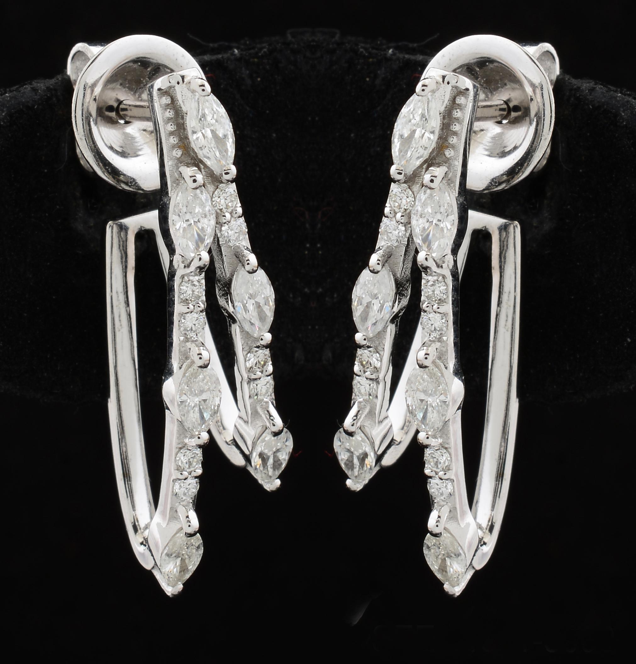 Women's 0.9 Carat SI Clarity HI Color Marquise Diamond Hoop Earrings 18 Karat White Gold For Sale