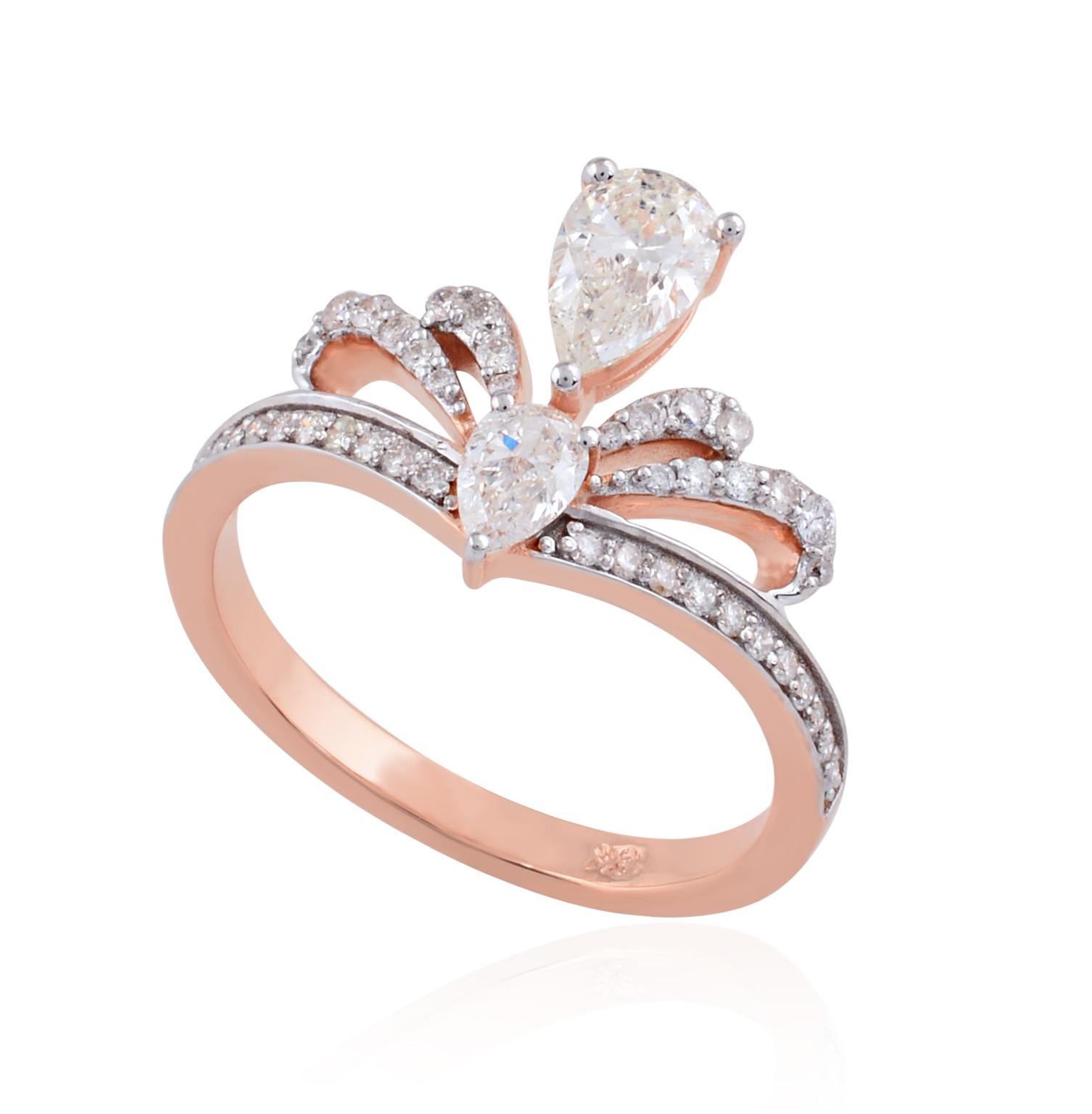 For Sale:  0.9 Carat SI Clarity HI Color Pear Diamond Crown Ring 18 Karat Rose Gold Jewelry 2