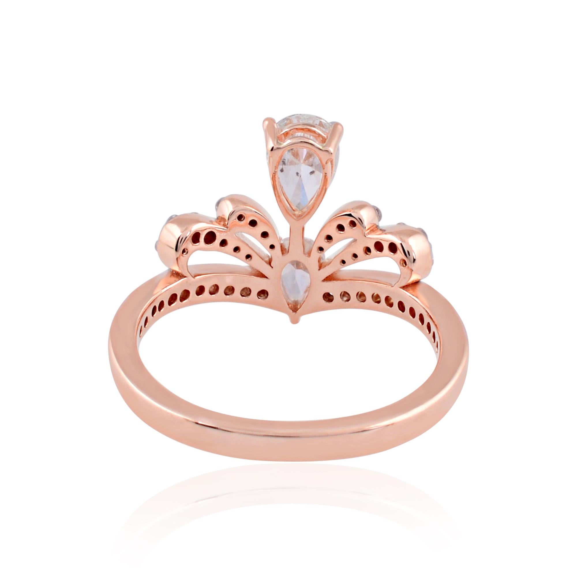 For Sale:  0.9 Carat SI Clarity HI Color Pear Diamond Crown Ring 18 Karat Rose Gold Jewelry 3