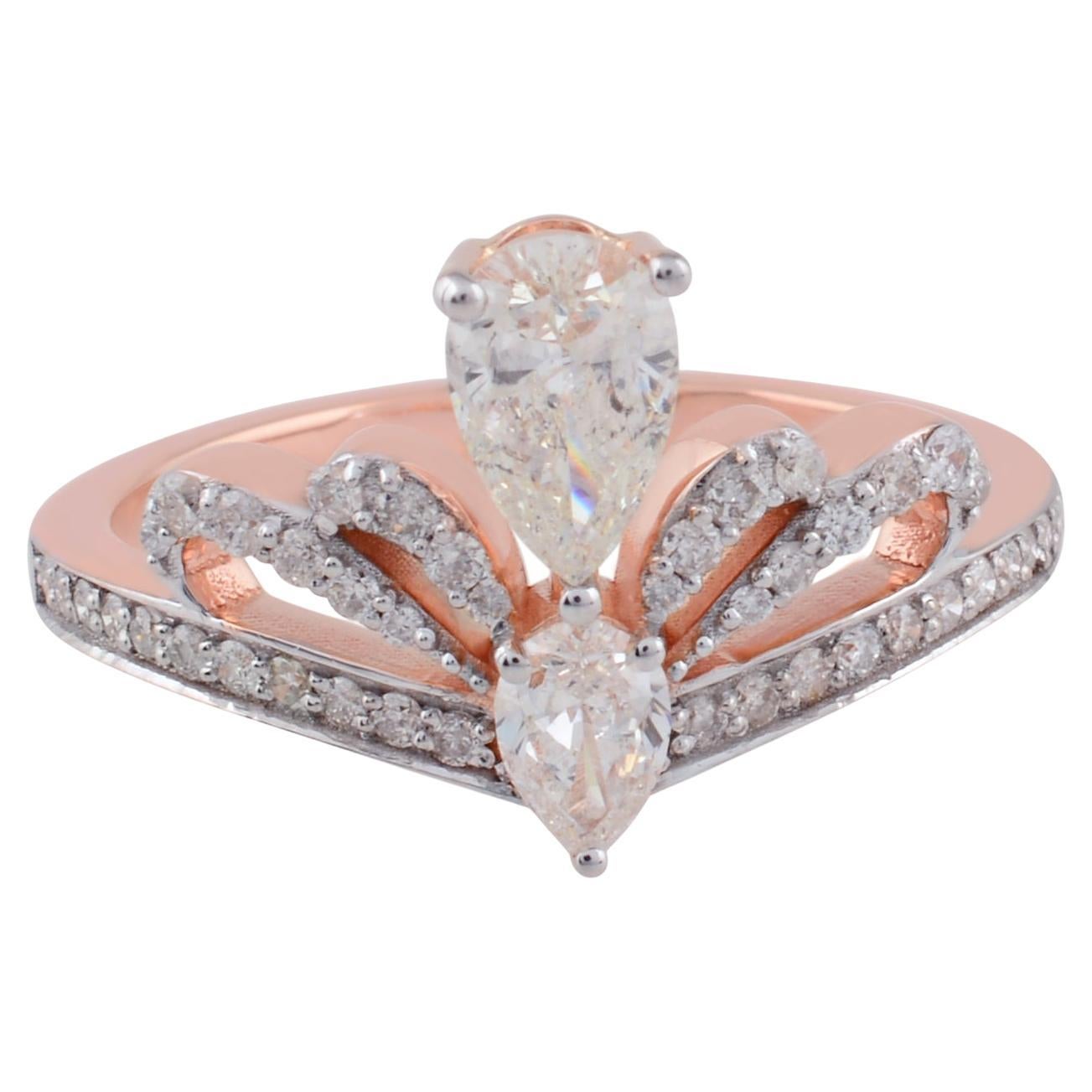 For Sale:  0.9 Carat SI Clarity HI Color Pear Diamond Crown Ring 18 Karat Rose Gold Jewelry