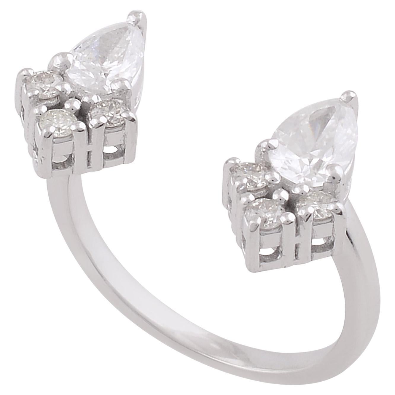 For Sale:  0.9 Carat SI Clarity HI Color Pear Diamond Cuff Ring 10 Karat White Gold Jewelry
