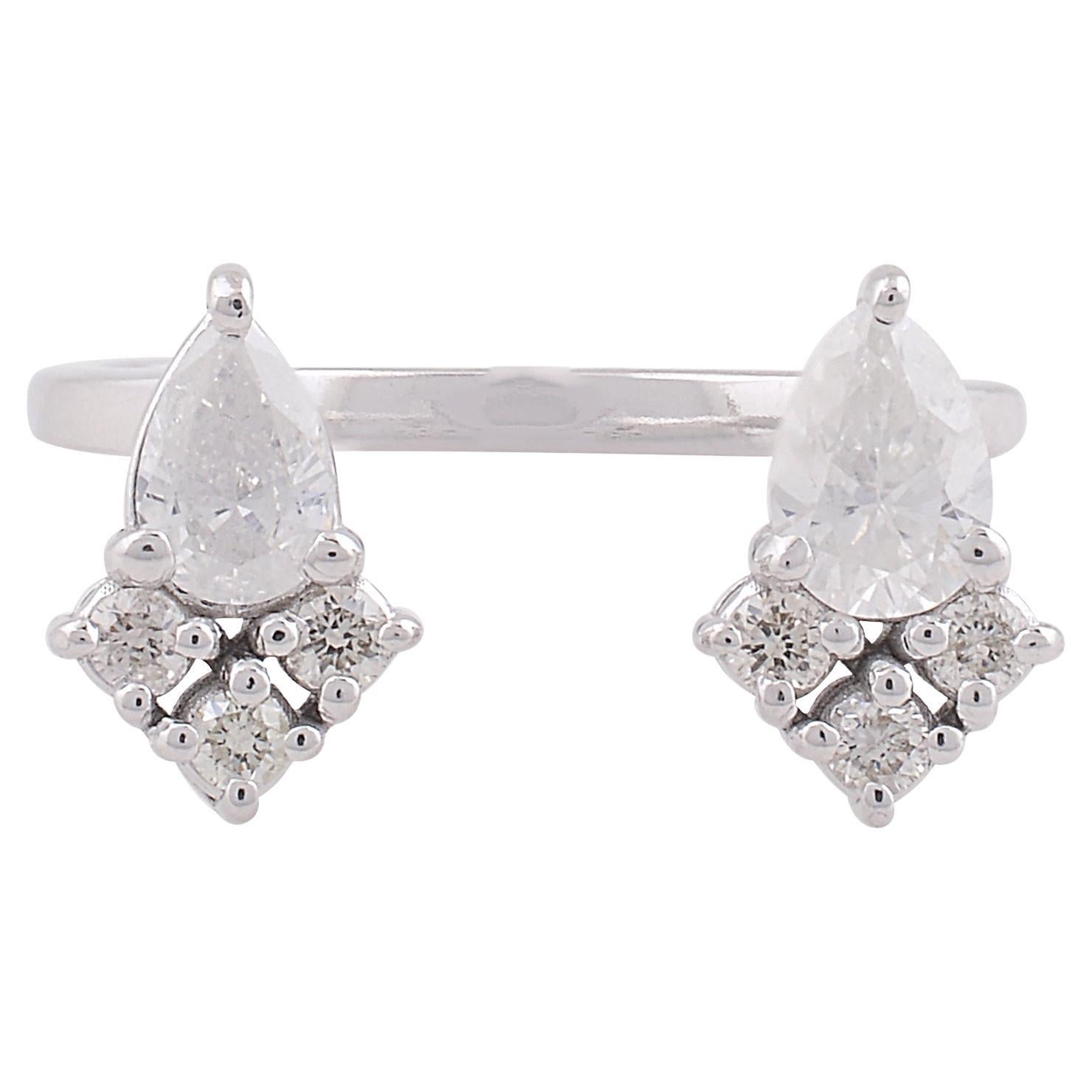 0.9 Carat SI Clarity HI Color Pear Diamond Cuff Ring 10 Karat White Gold Jewelry