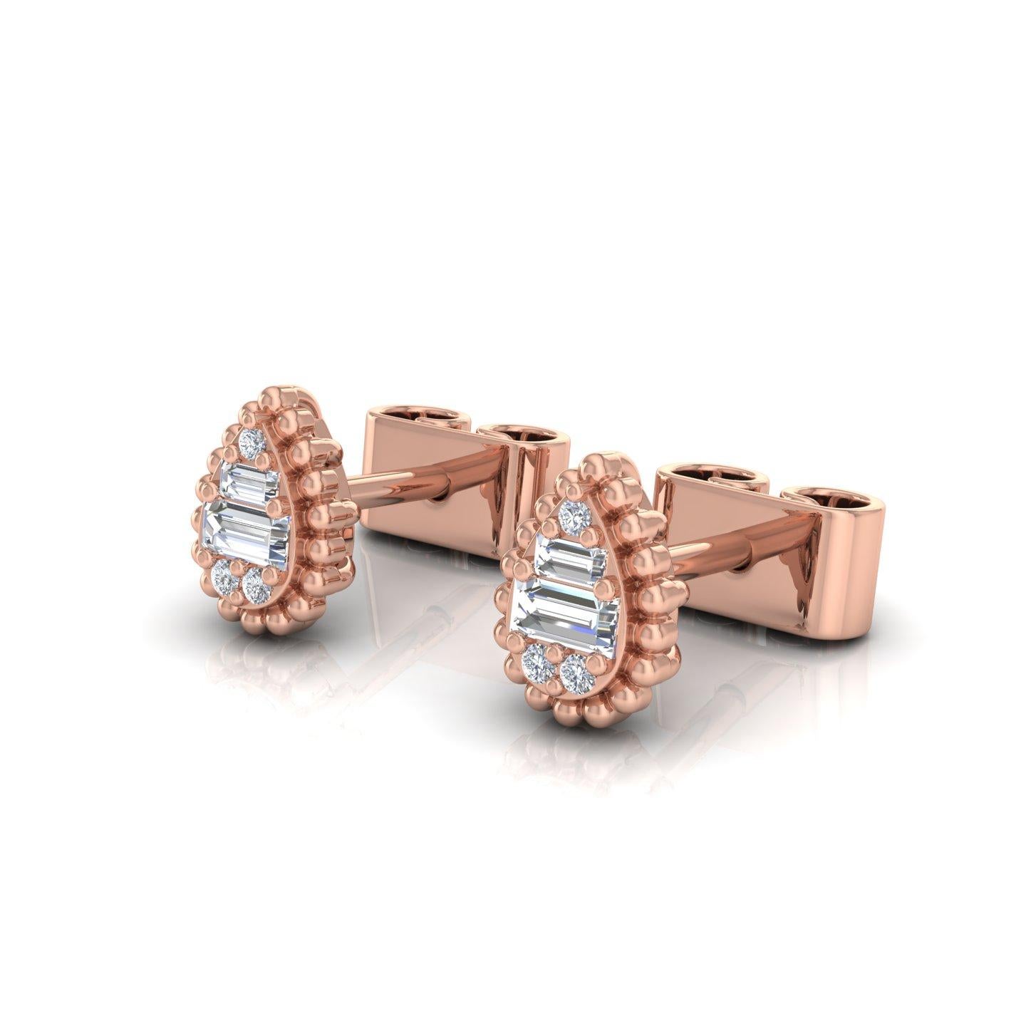 0.9 Carat SI/H Baguette Round Diamond Pear Stud Earrings 18 Karat Rose Gold In New Condition For Sale In Diera, Dubai