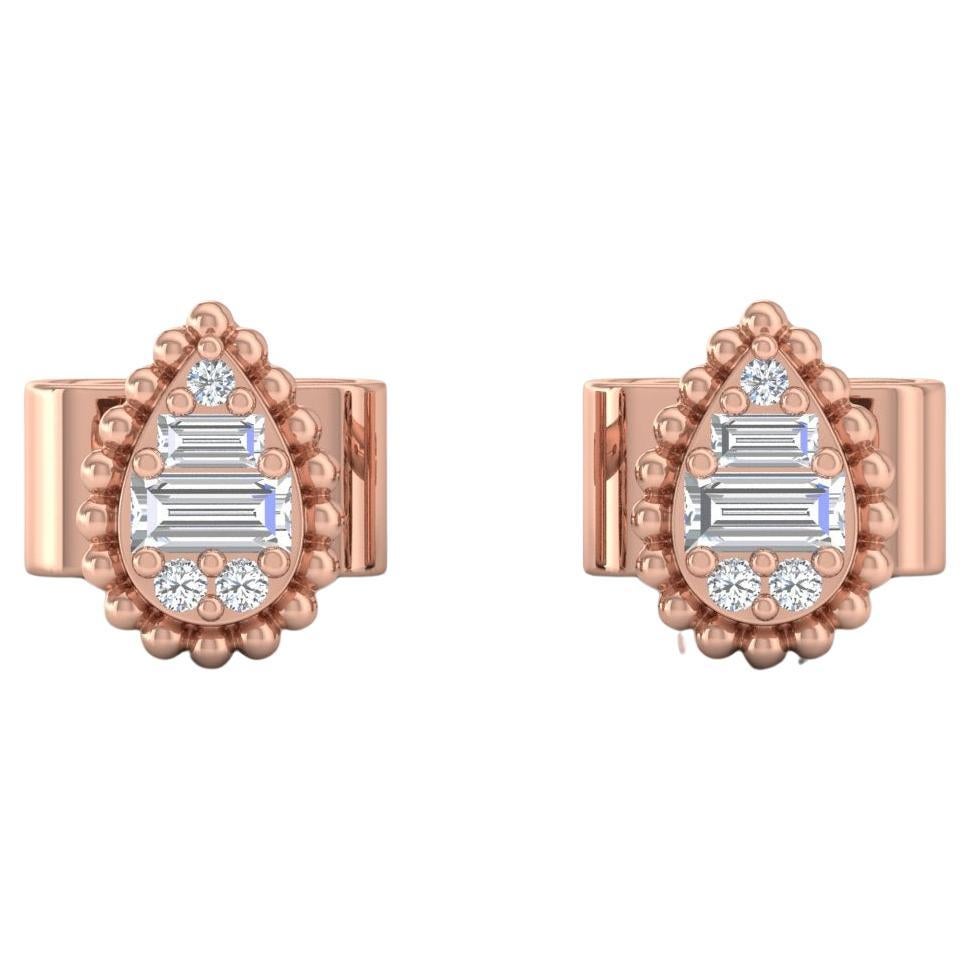 0.9 Carat SI/H Baguette Round Diamond Pear Stud Earrings 18 Karat Rose Gold For Sale