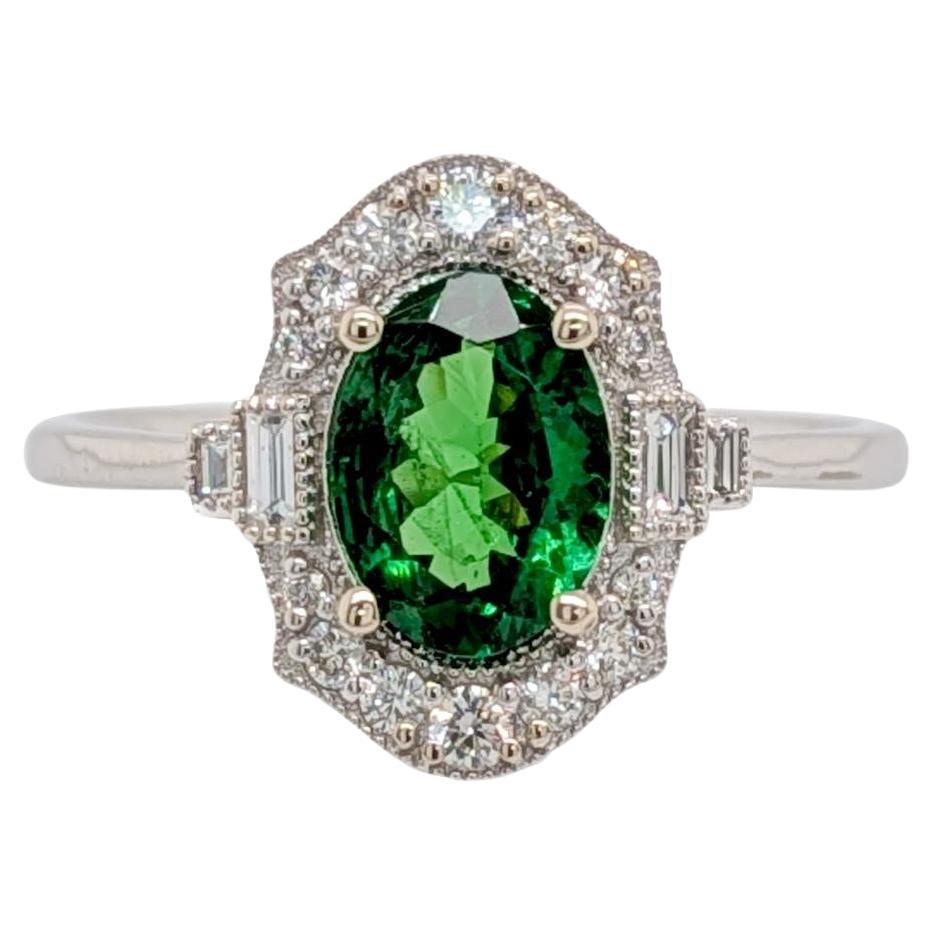 0.9 Carat Tsavorite Ring w Natural Diamond Accents in 14k Solid Gold OV 8x6mm