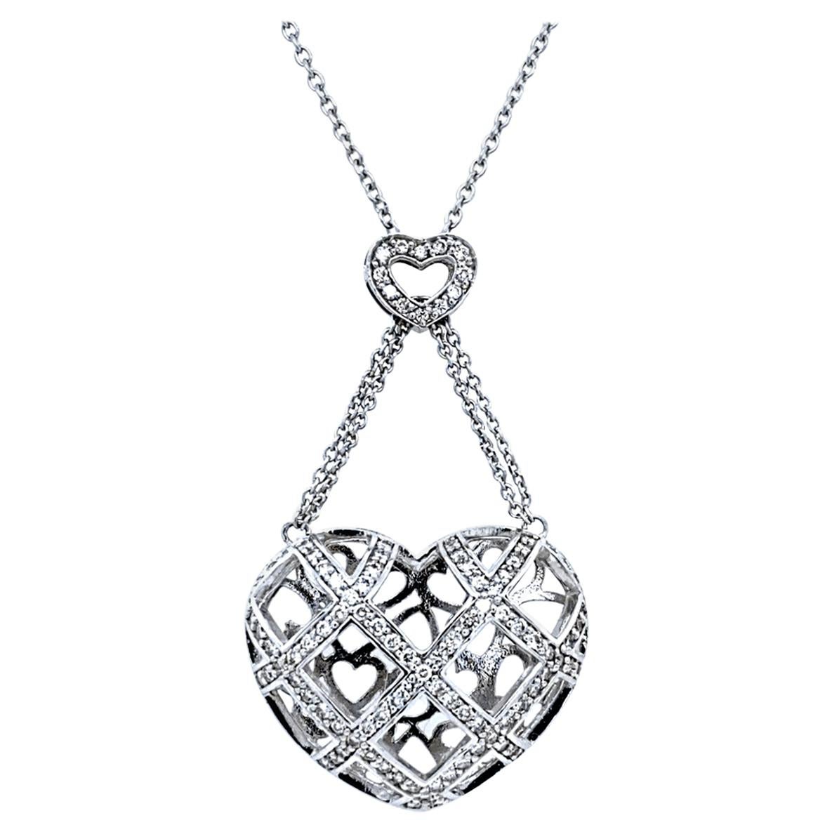 0,90 Karat 14 Karat Pave Set Puffed Heart Anhänger Halskette