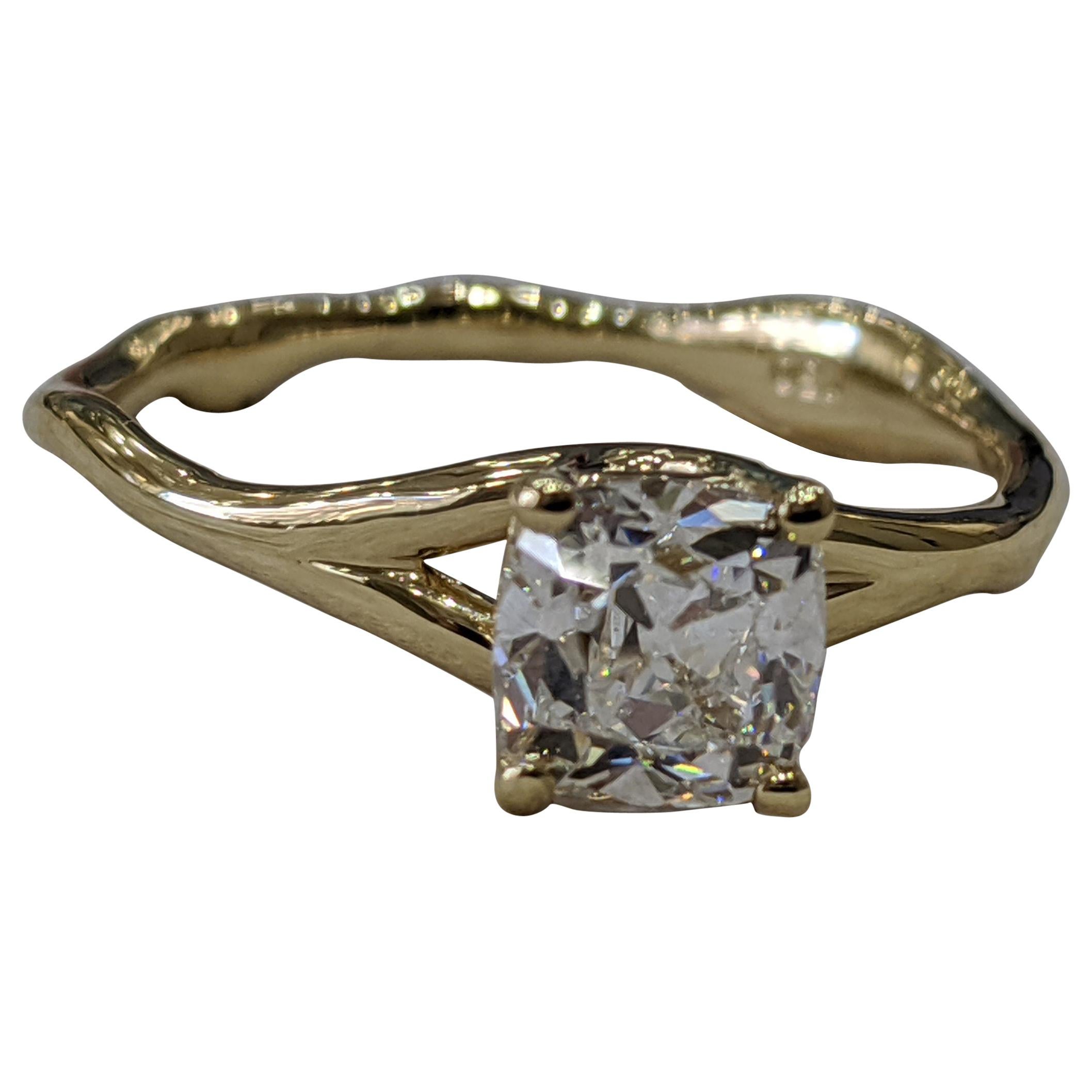 0.90 Carat 14 Karat Yellow Gold Cushion Diamond Ring, Branch Diamond Ring