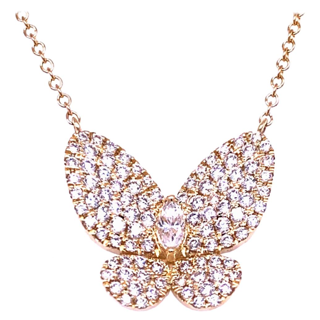 0.90 Carat 14 Karat Yellow Gold Pave Set Butterfly Necklace For Sale