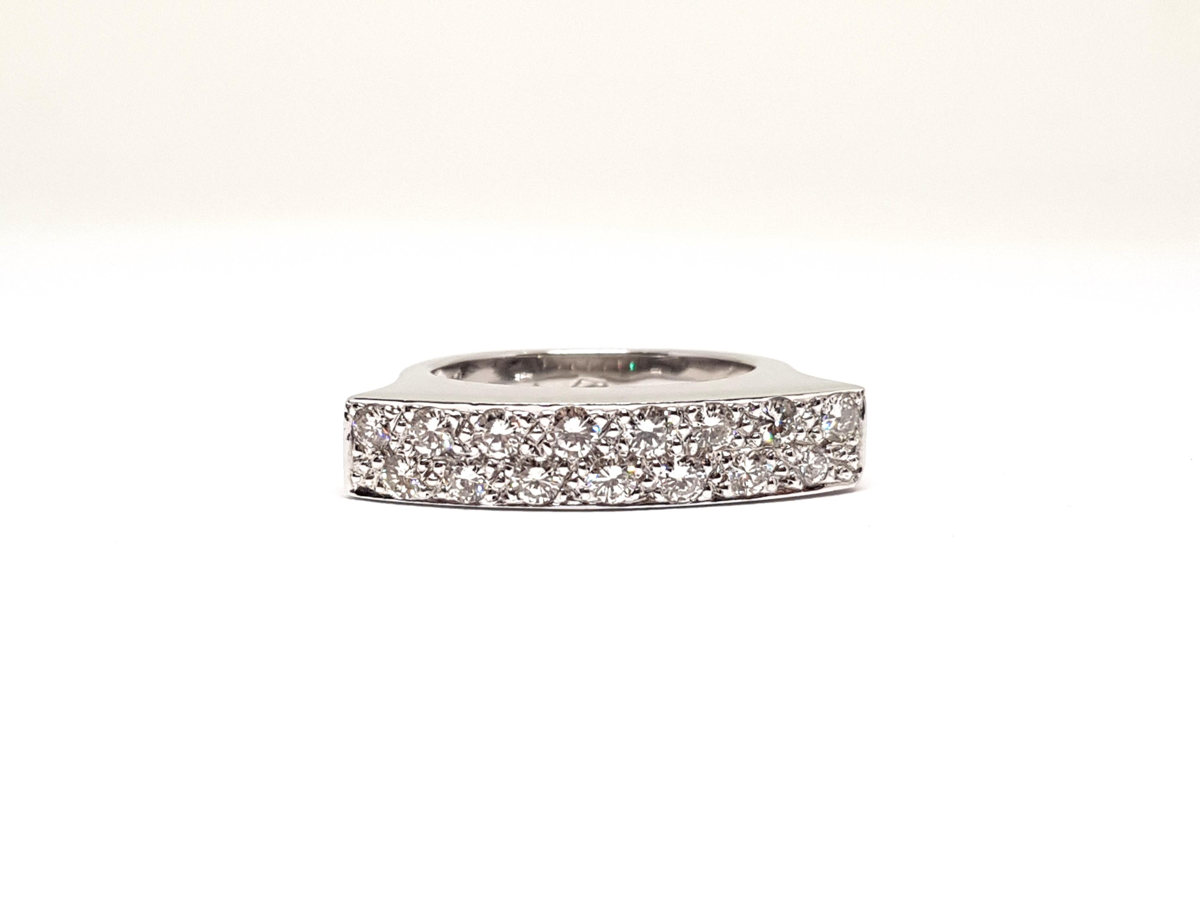 Gold: 18 carat white gold 
Weight: 8.80 gr. 
Diamonds: 0.90 ct. colour: F clarity: VS 
Width: 0.52 cm. 
Ring size: free adjustment of ring up to size 70 / 22.50mm 
Shipping: free worldwide insured shipping 
All our jewellery comes with a certificate