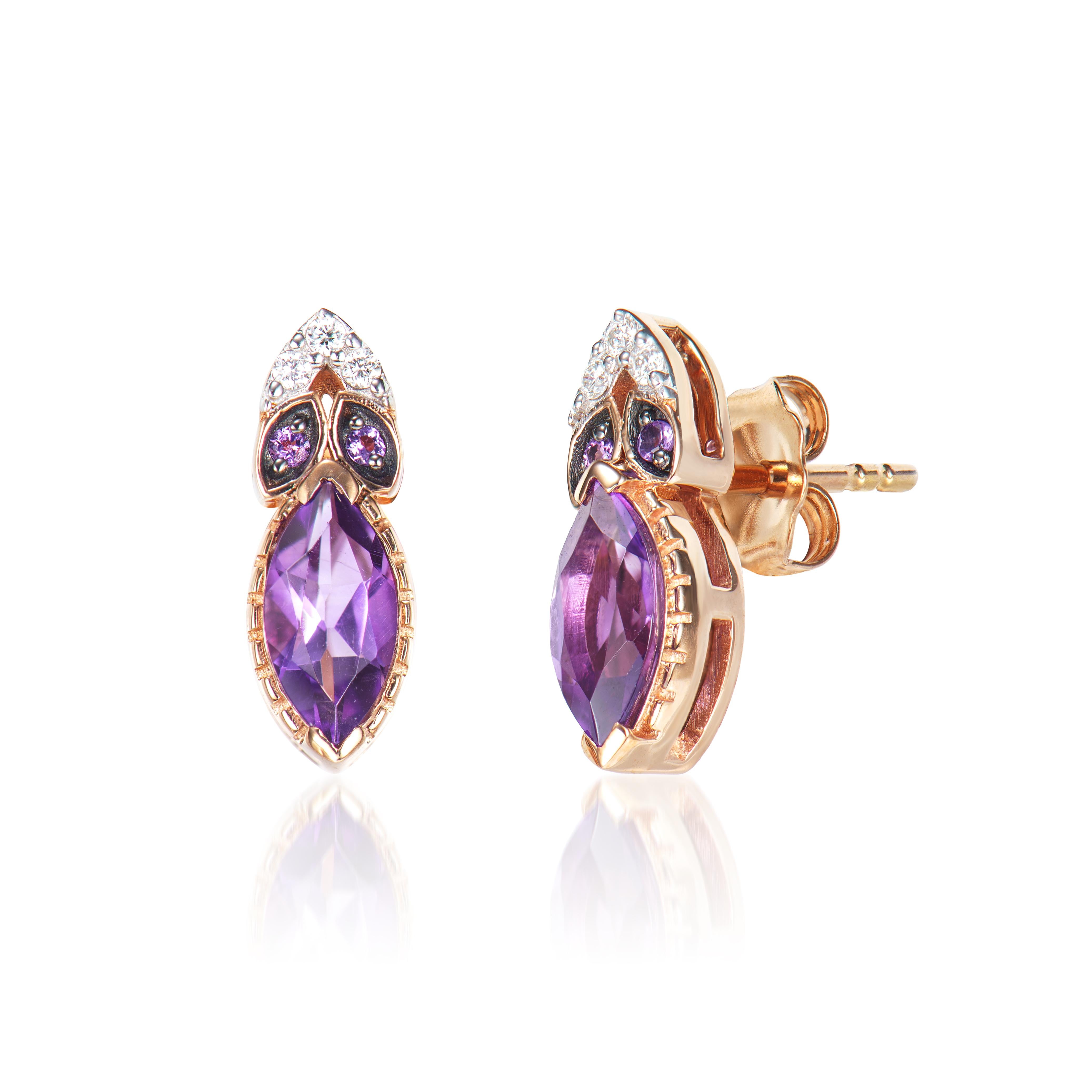 Marquise Cut 0.90 Carat Amethyst Stud Earrings in 14Karat Rose Gold with White Diamond. For Sale