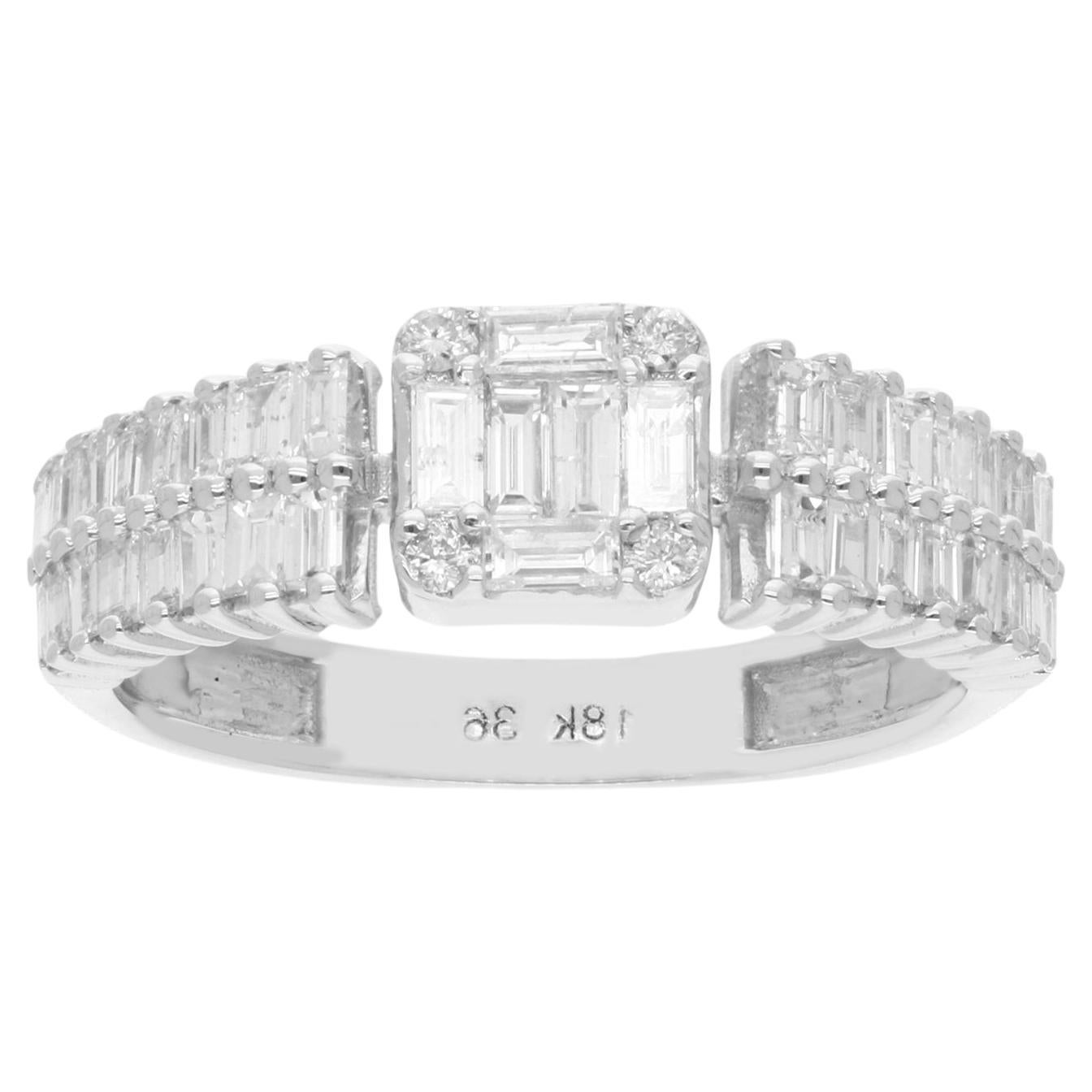 0.90 Carat Baguette Round Diamond Band Ring 18 Karat White Gold Fine Jewelry For Sale