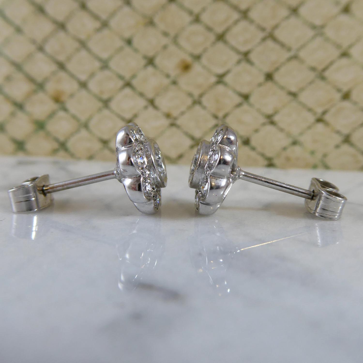 Women's 0.90 Carat Diamond Daisy Earrings, Cluster Style Studs, 18 Carat White Gold