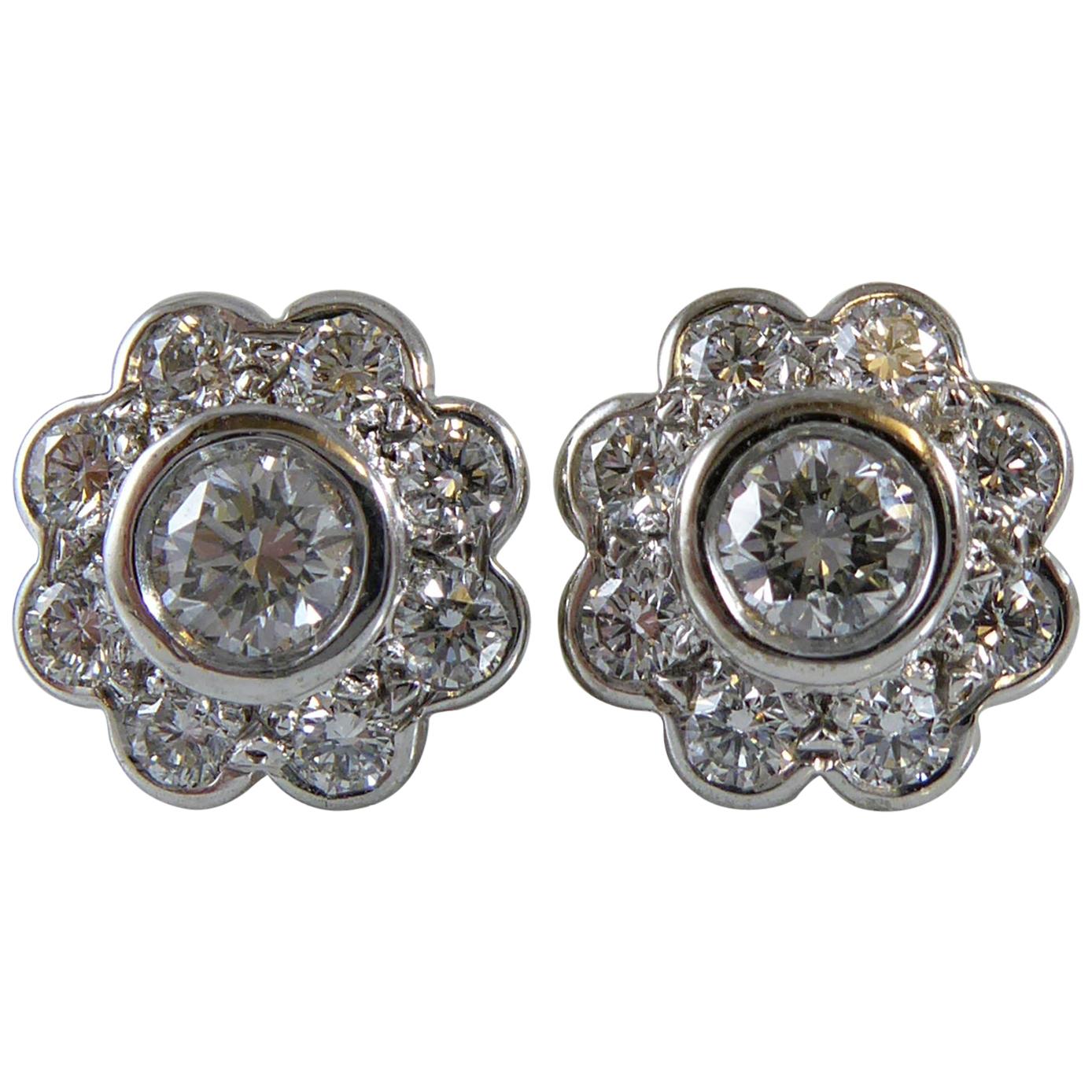 0.90 Carat Diamond Daisy Earrings, Cluster Style Studs, 18 Carat White Gold