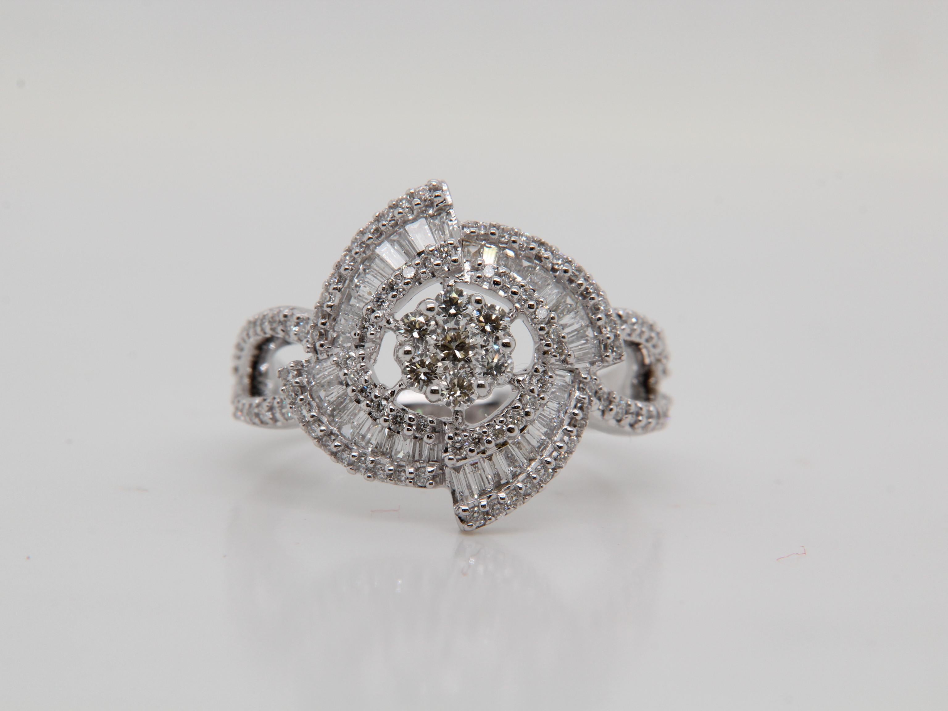 A brand new diamond ring in 18 karat gold. The total diamond weight is 0.90 carat and total ring weight is 4.79 grams.