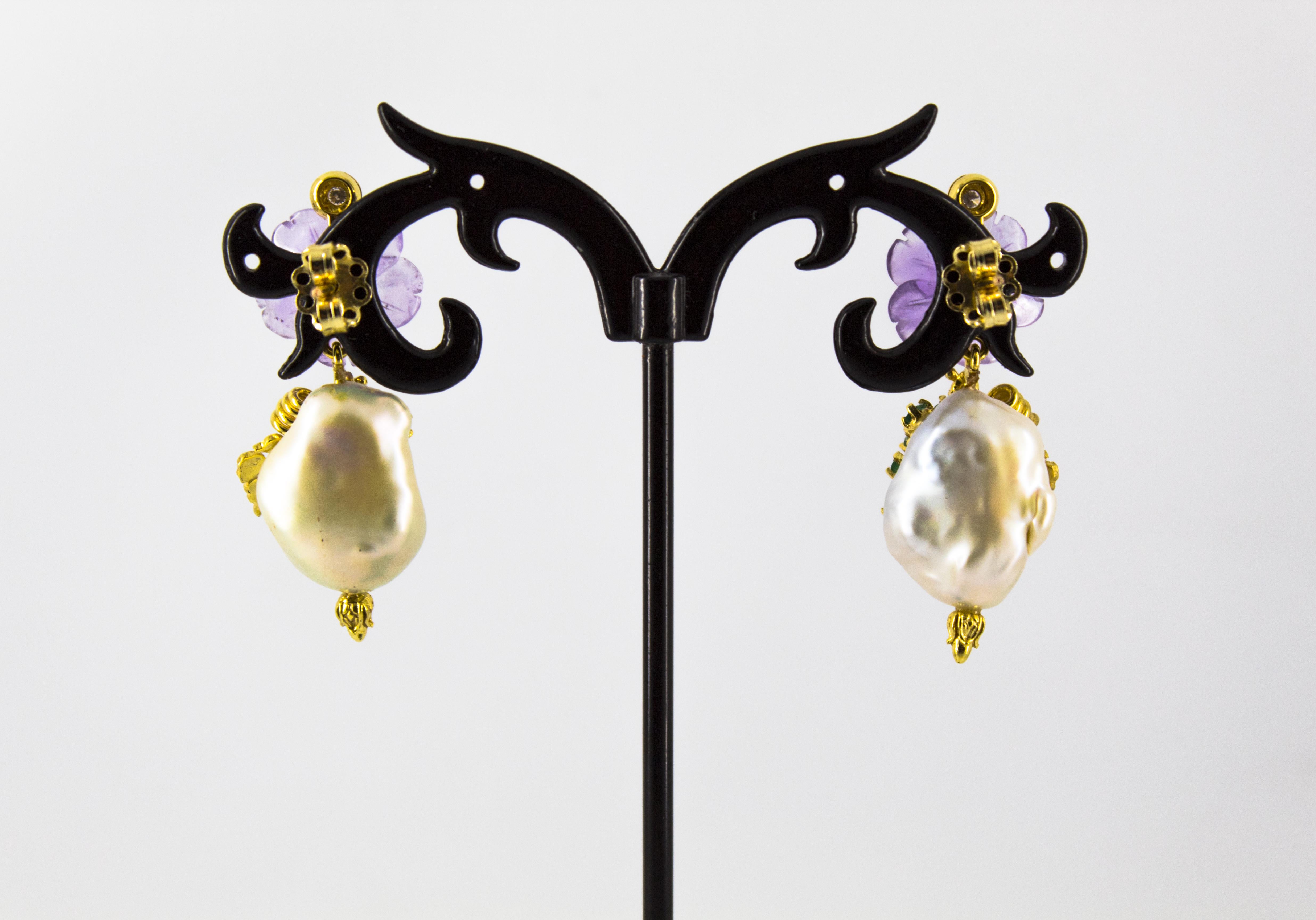 0.90 Carat Emerald Amethyst Pearl 0.12 Carat White Diamond Yellow Gold Earrings 6