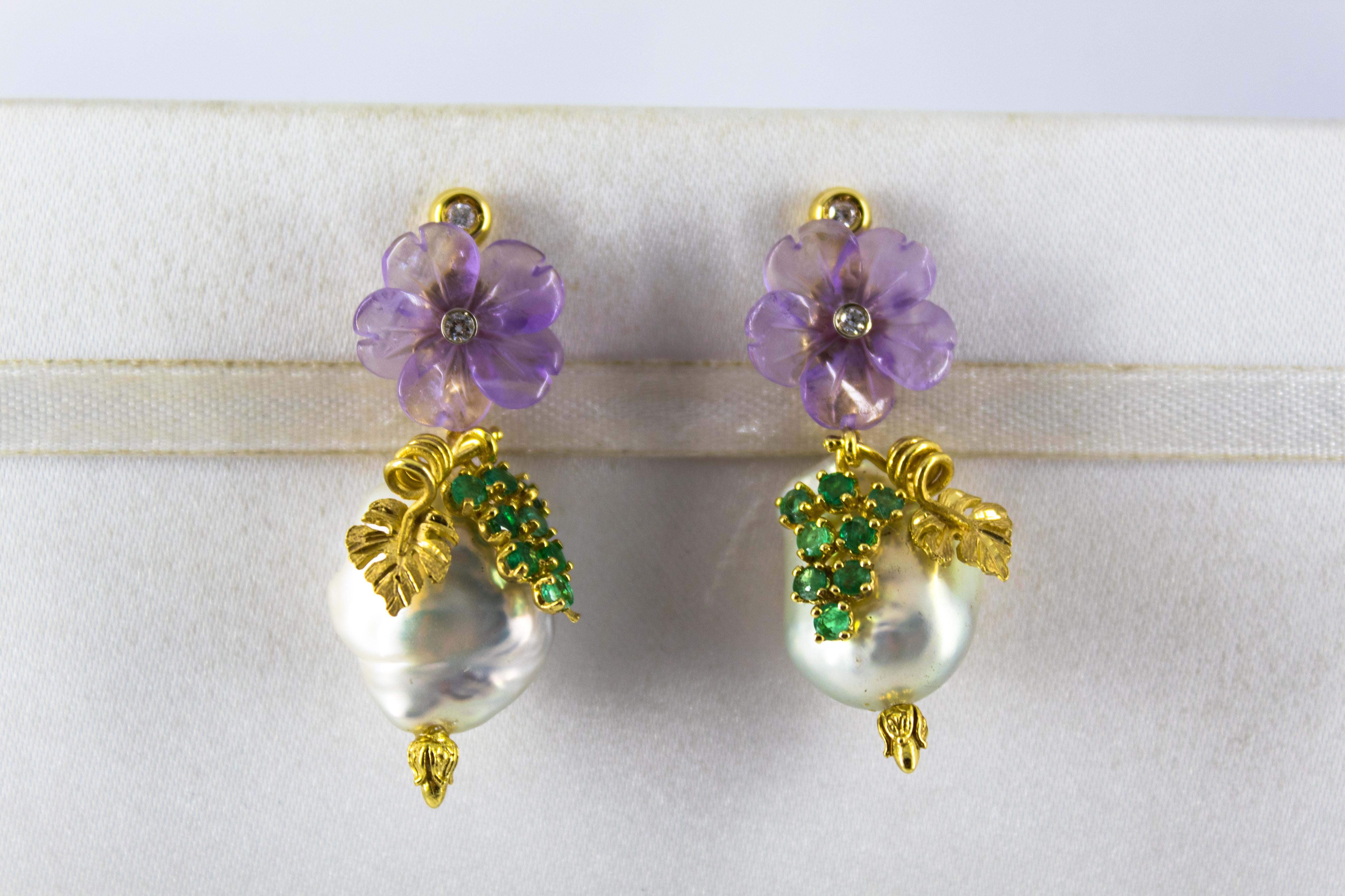 Renaissance 0.90 Carat Emerald Amethyst Pearl 0.12 Carat White Diamond Yellow Gold Earrings