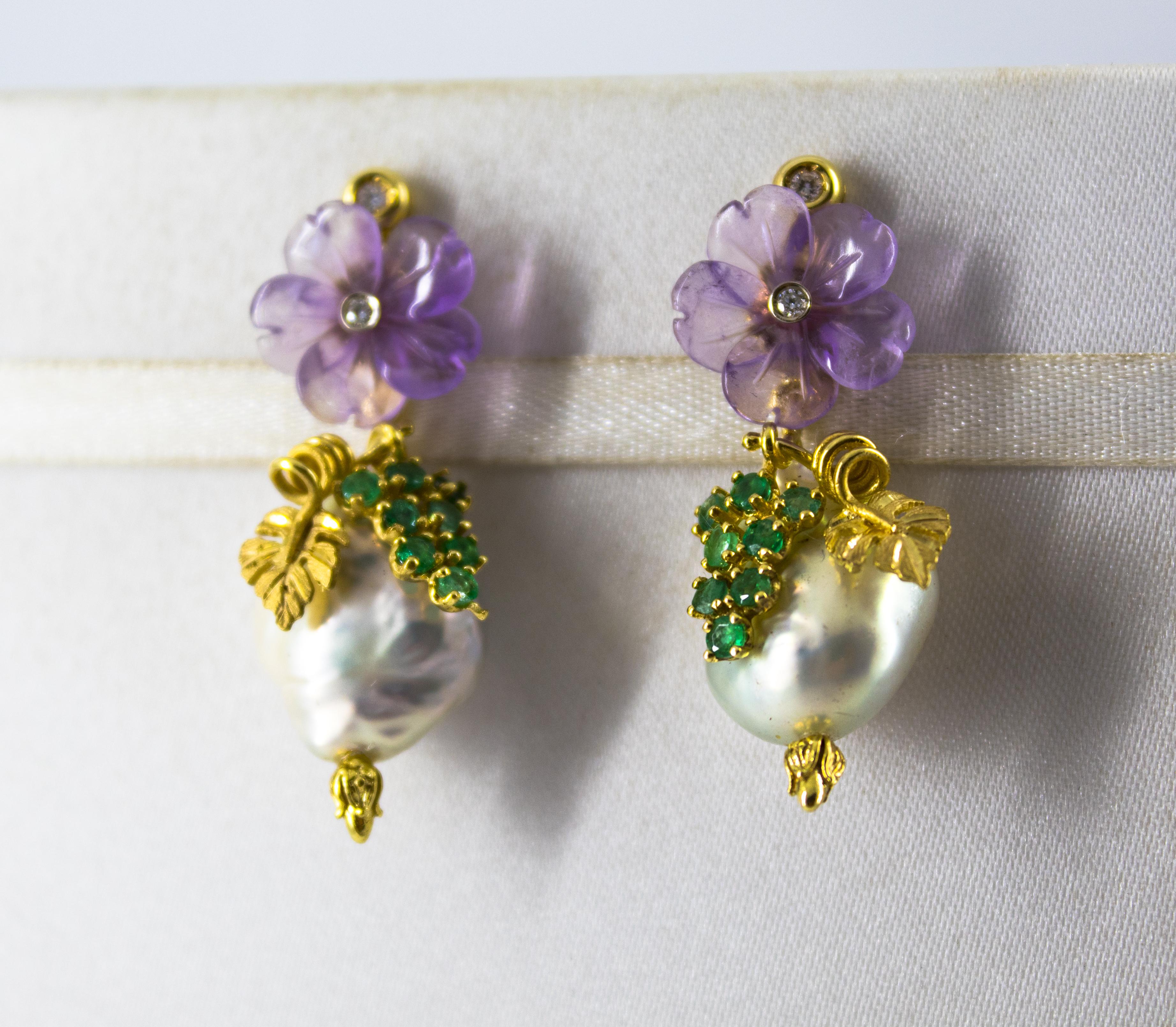 0.90 Carat Emerald Amethyst Pearl 0.12 Carat White Diamond Yellow Gold Earrings 1