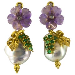 0.90 Carat Emerald Amethyst Pearl 0.12 Carat White Diamond Yellow Gold Earrings