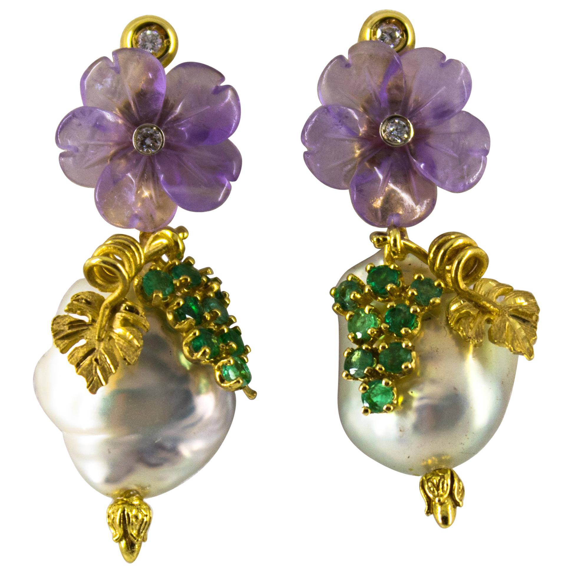 0.90 Carat Emerald Amethyst Pearl 0.12 Carat White Diamond Yellow Gold Earrings