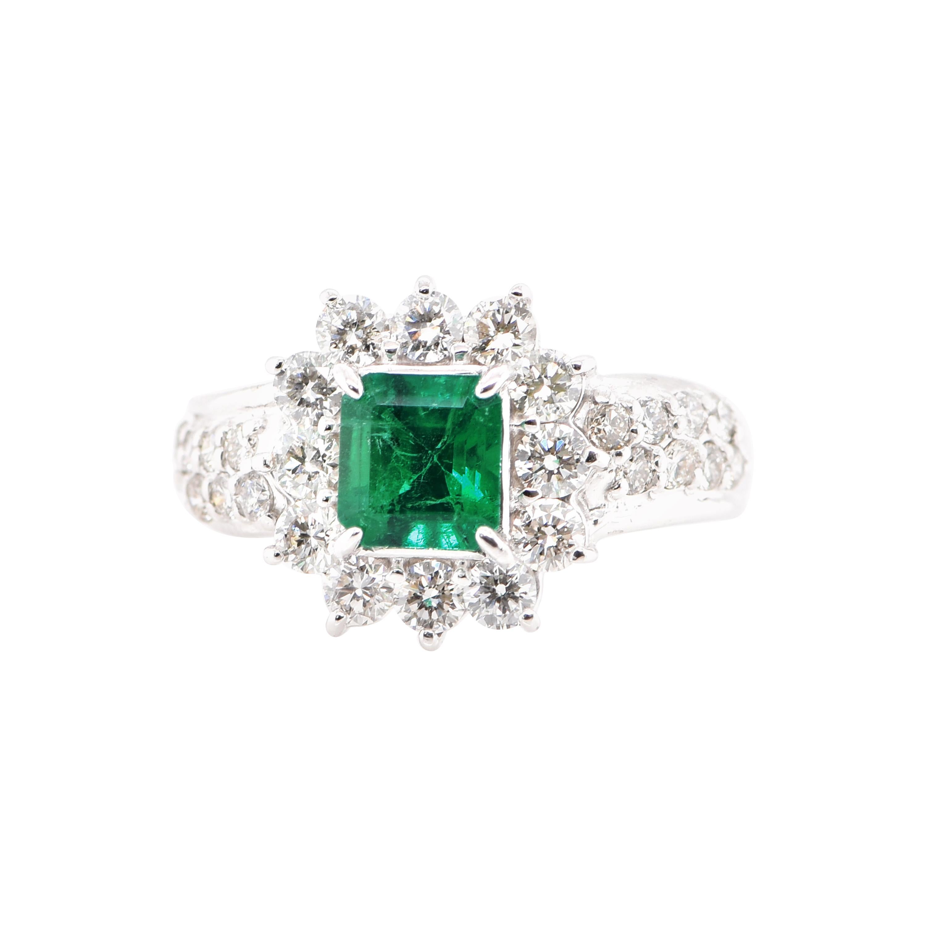 A stunning ring featuring a 0.90 Carat Natural Emerald and 1.20 Carats of Diamond Accents set in Platinum. People have admired emerald’s green for thousands of years. Emeralds have always been associated with the lushest landscapes and the richest
