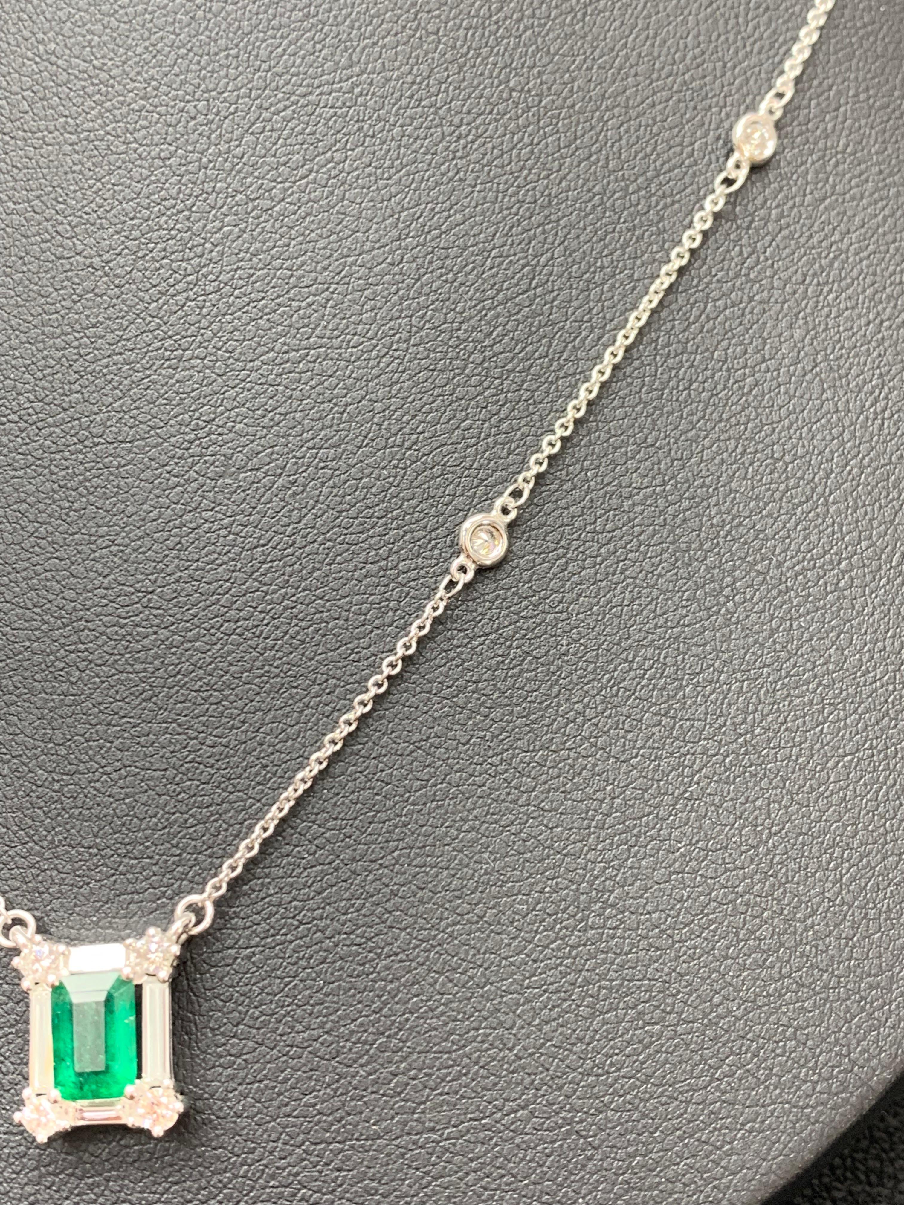 Modern 0.90 Carat Emerald Cut Emerald and Diamond Pendant Necklace in 14K White Gold For Sale