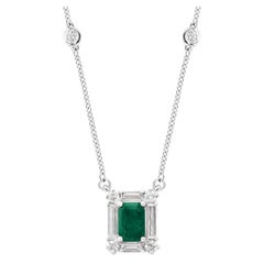 0.90 Carat Emerald Cut Emerald and Diamond Pendant Necklace in 14K White Gold