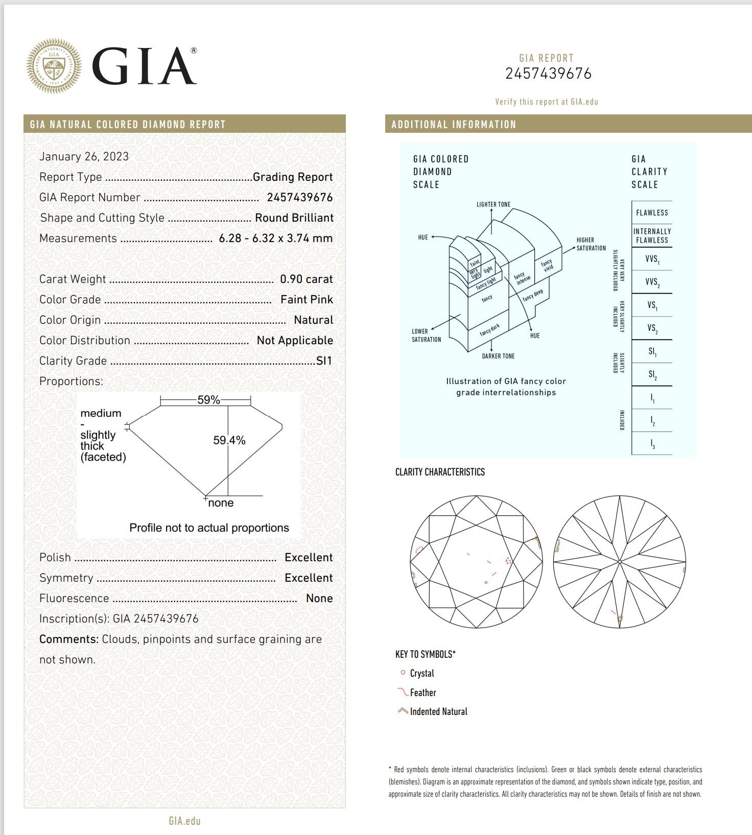 0.90 Carat Faint Pink Round cut diamond SI1 Clarity GIA Certified For Sale 1