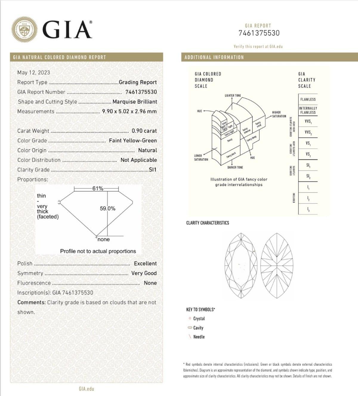 0,90 Karat schwarzer, gelber, grüner Diamant im Marquise-Schliff SI2 Reinheit GIA zertifiziert im Angebot 1