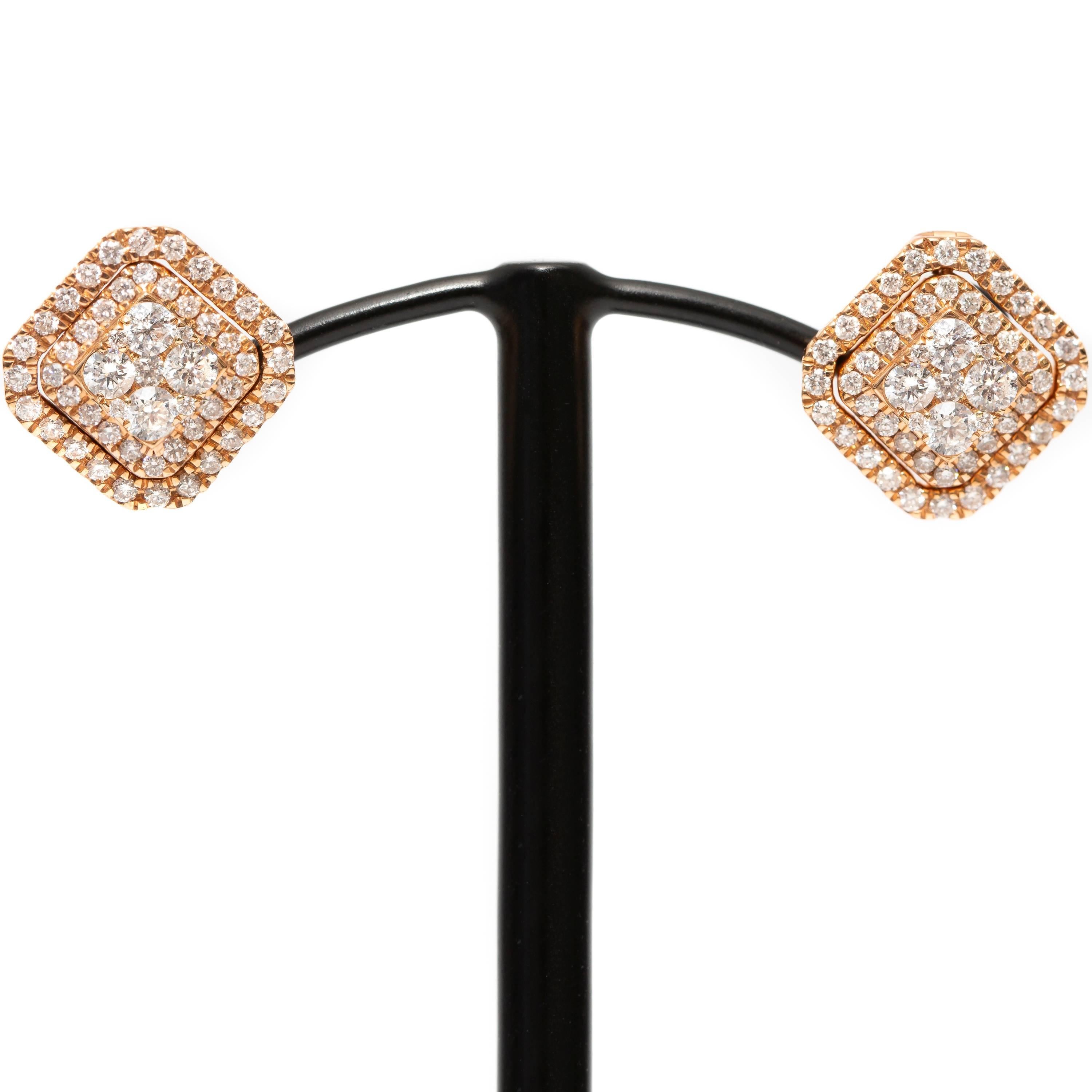 Geometric multi-wear Earrings in 18 Karat Rose Gold are a fashionable update to the classic circular style, can be worn as studs, double halo and drops. Set with an abundant 0.90 Carat of Glittering color H clarity SI Round Brilliant White Diamonds