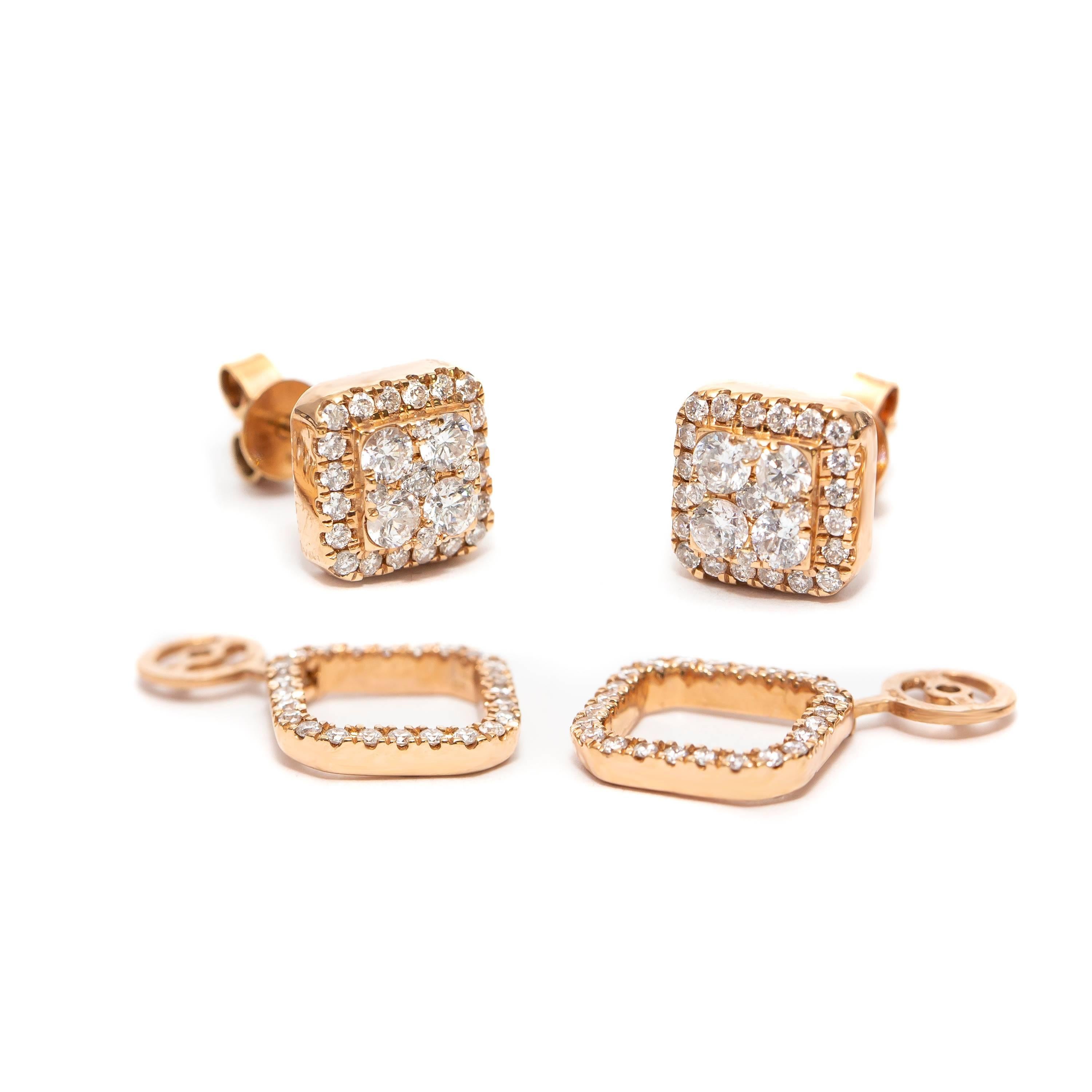 Round Cut 0.90 Carat Fancy Changeable Square Cluster Drop 18 Karat Gold Diamond Earrings For Sale