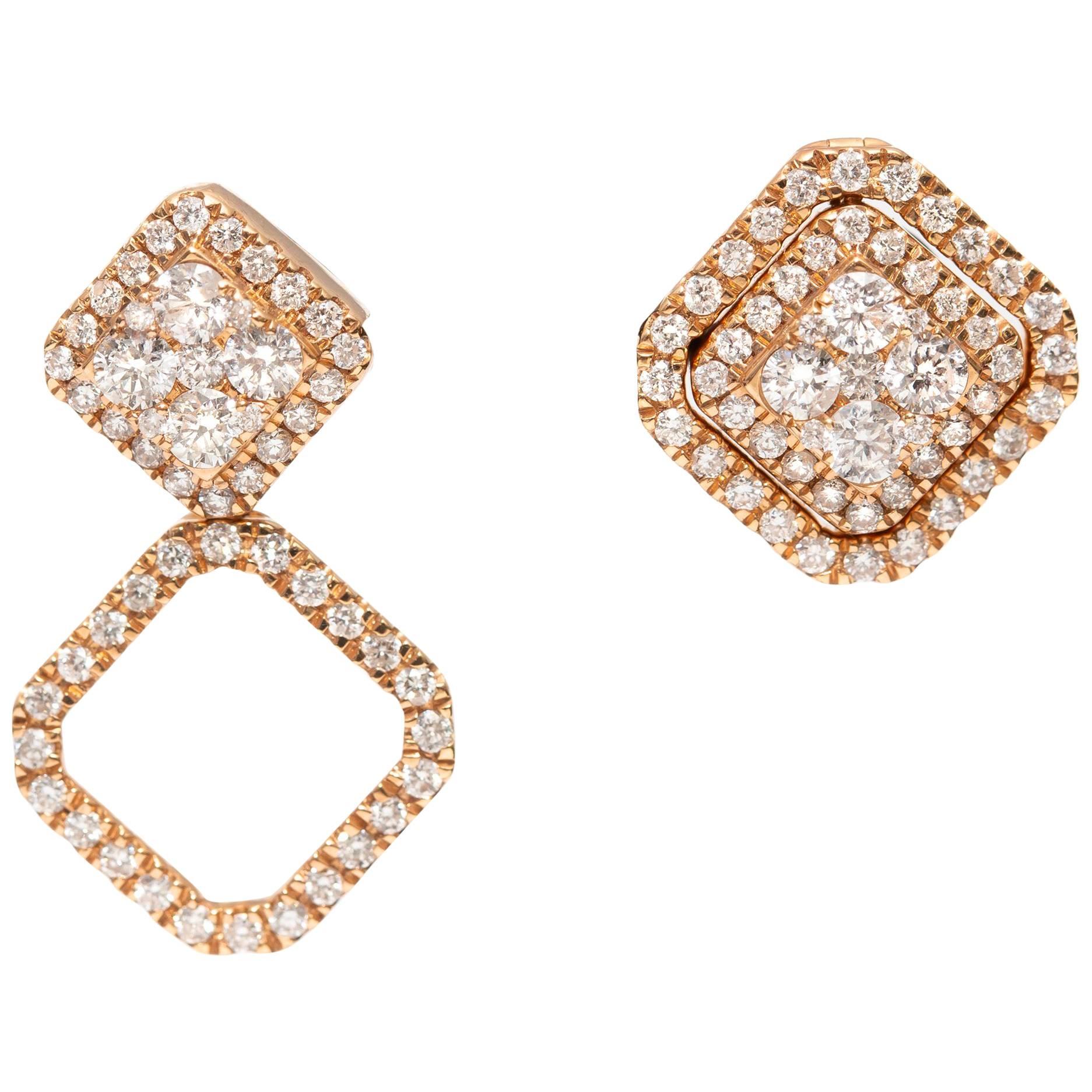 0.90 Carat Fancy Changeable Square Cluster Drop 18 Karat Gold Diamond Earrings