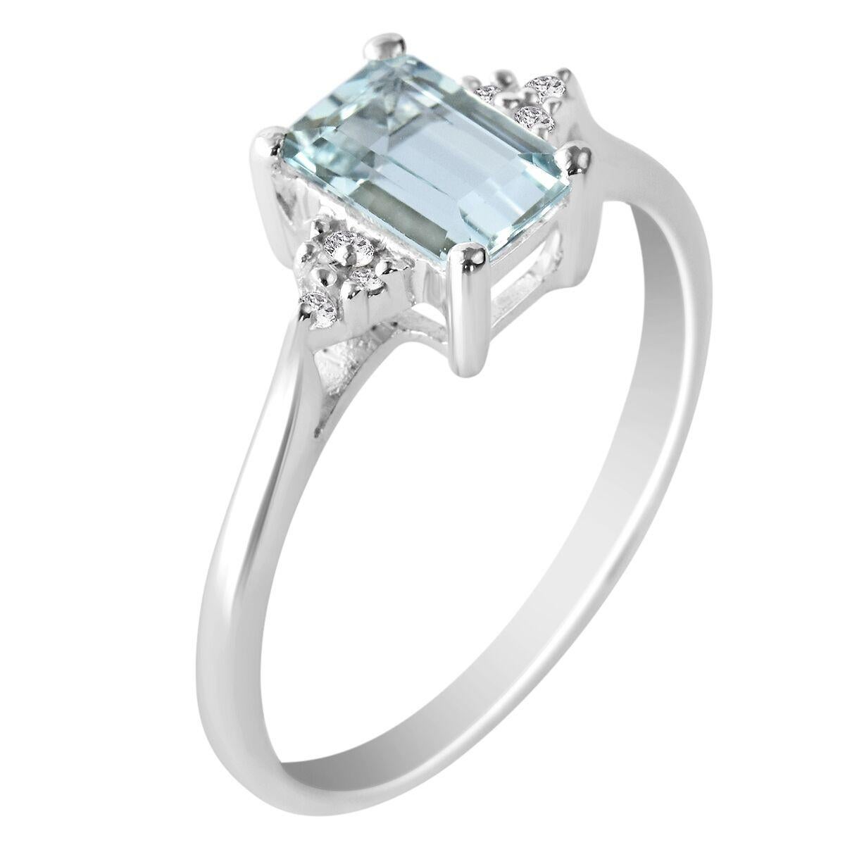 Women's 0.90 Carat Natural Emerald Cut Aquamarine Ring Solid White Gold with 6 Diamonds