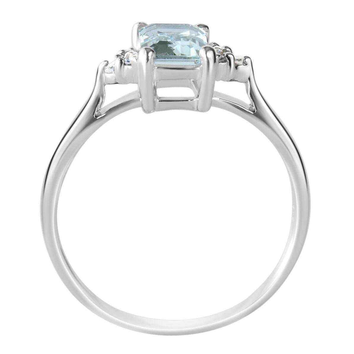 0.90 Carat Natural Emerald Cut Aquamarine Ring Solid White Gold with 6 Diamonds 2