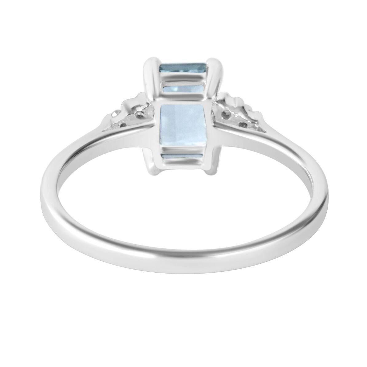 0.90 Carat Natural Emerald Cut Aquamarine Ring Solid White Gold with 6 Diamonds 3