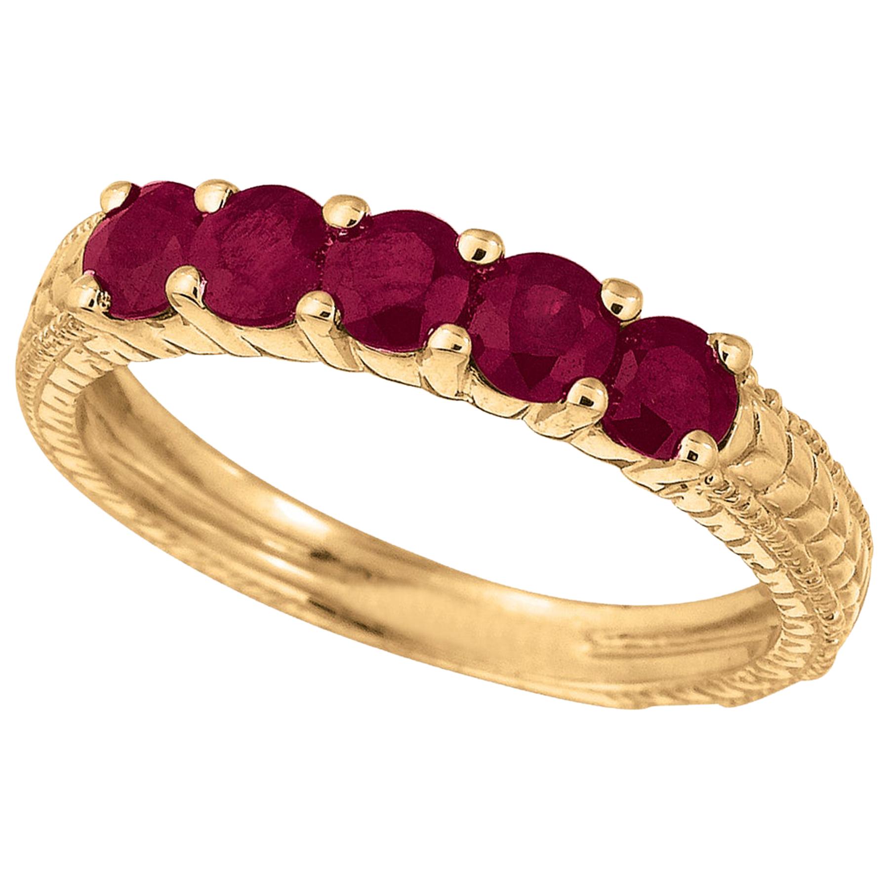 0.90 Carat Natural Ruby 5-Stone Ring Band 14 Karat Yellow Gold For Sale