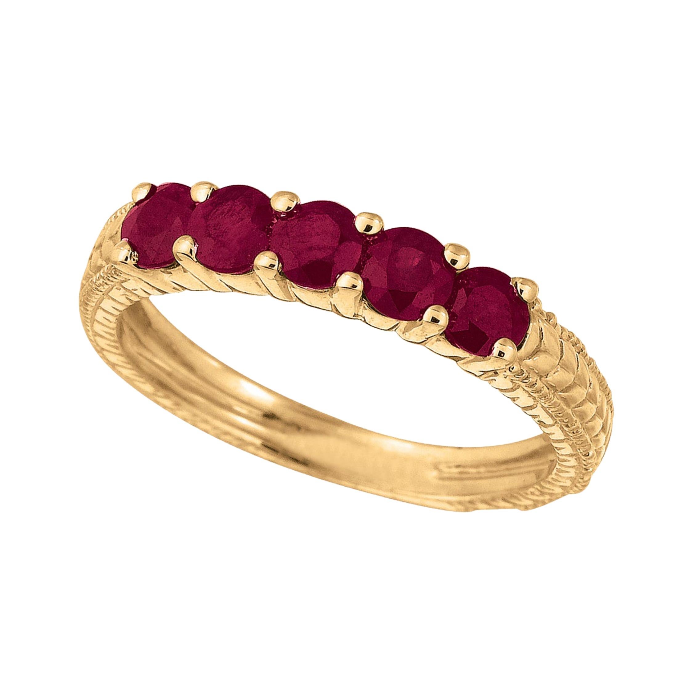 For Sale:  0.90 Carat Natural Ruby 5-Stone Ring Band 14 Karat Yellow Gold