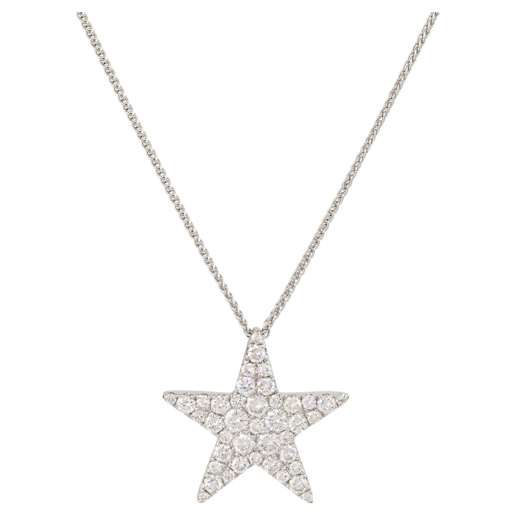 0.90 Carat Pave Diamond Star Pendant Necklace 18 Karat In Stock