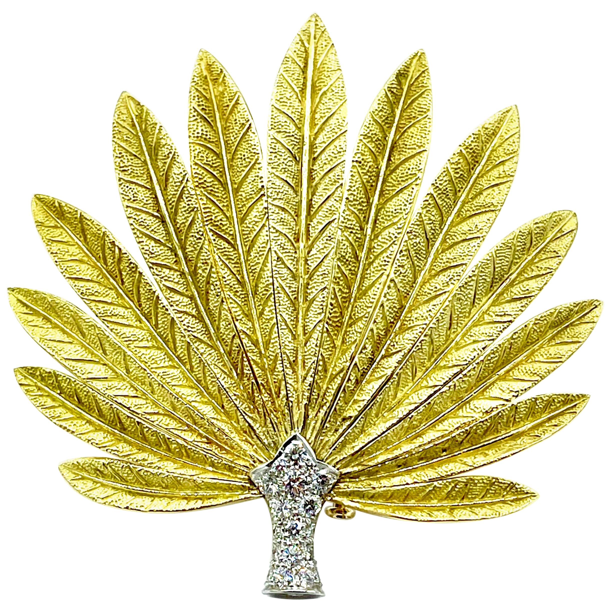 Broche éventail à plumes en or 18 carats et platine avec diamants ronds brillants de 0,90 carat