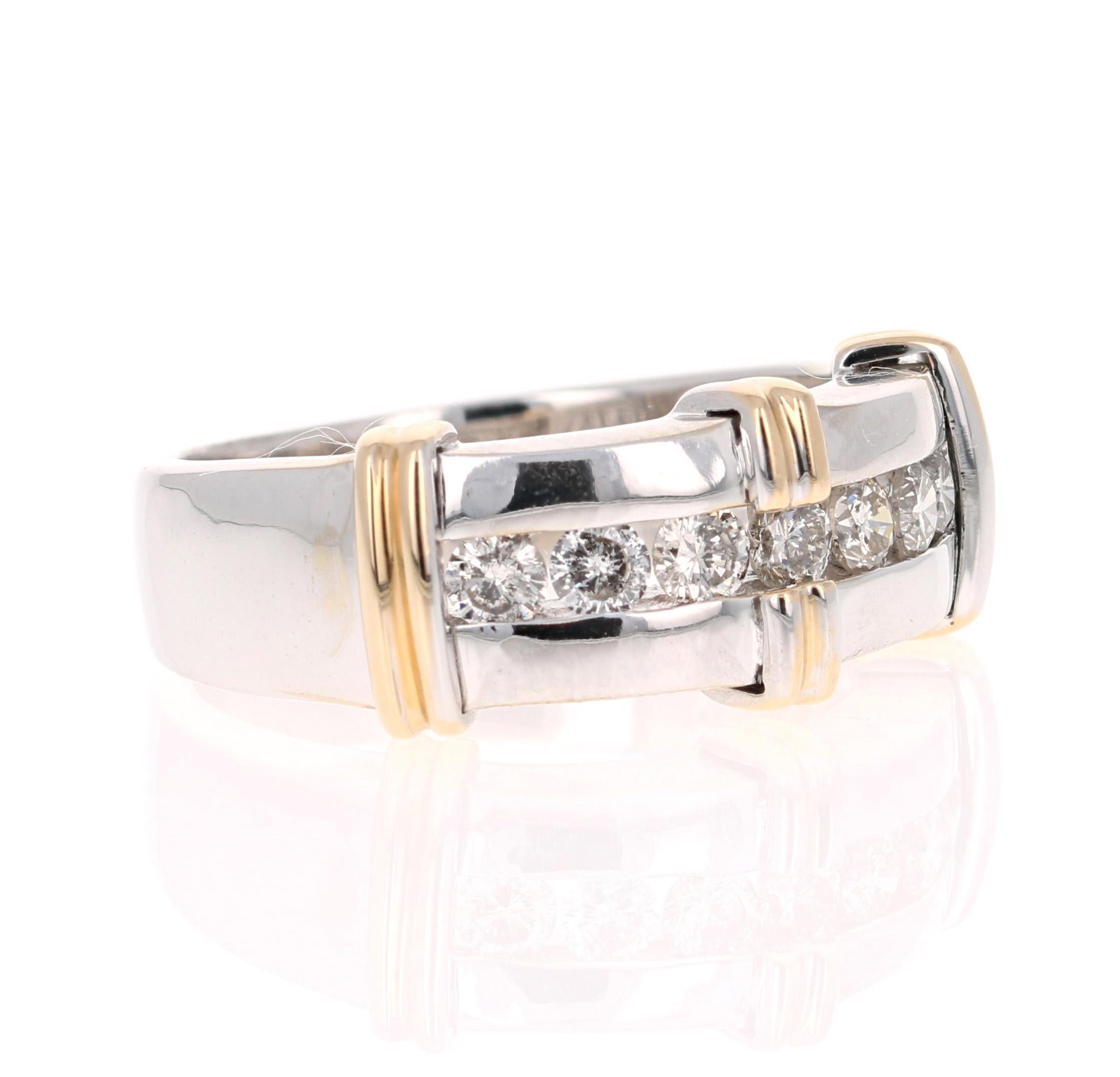 We have a Men's Collection of Fine Jewelry!  Beautiful, Bold, Masculine and Simple Men's Wedding Rings/Bands. 

This Men's Band has 7 Round Cut Diamonds that weighs 0.90 Carats.  The Clarity and Color of the Diamonds is SI-I.
It is crafted in 14