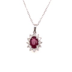 0.90 Carat Ruby Diamond Cluster Pendant 18 Karat White Gold Halo Oval Round Cut