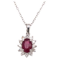 0.90 Carat Ruby Diamond Cluster Pendant 18 Karat White Gold Halo Oval Round Cut