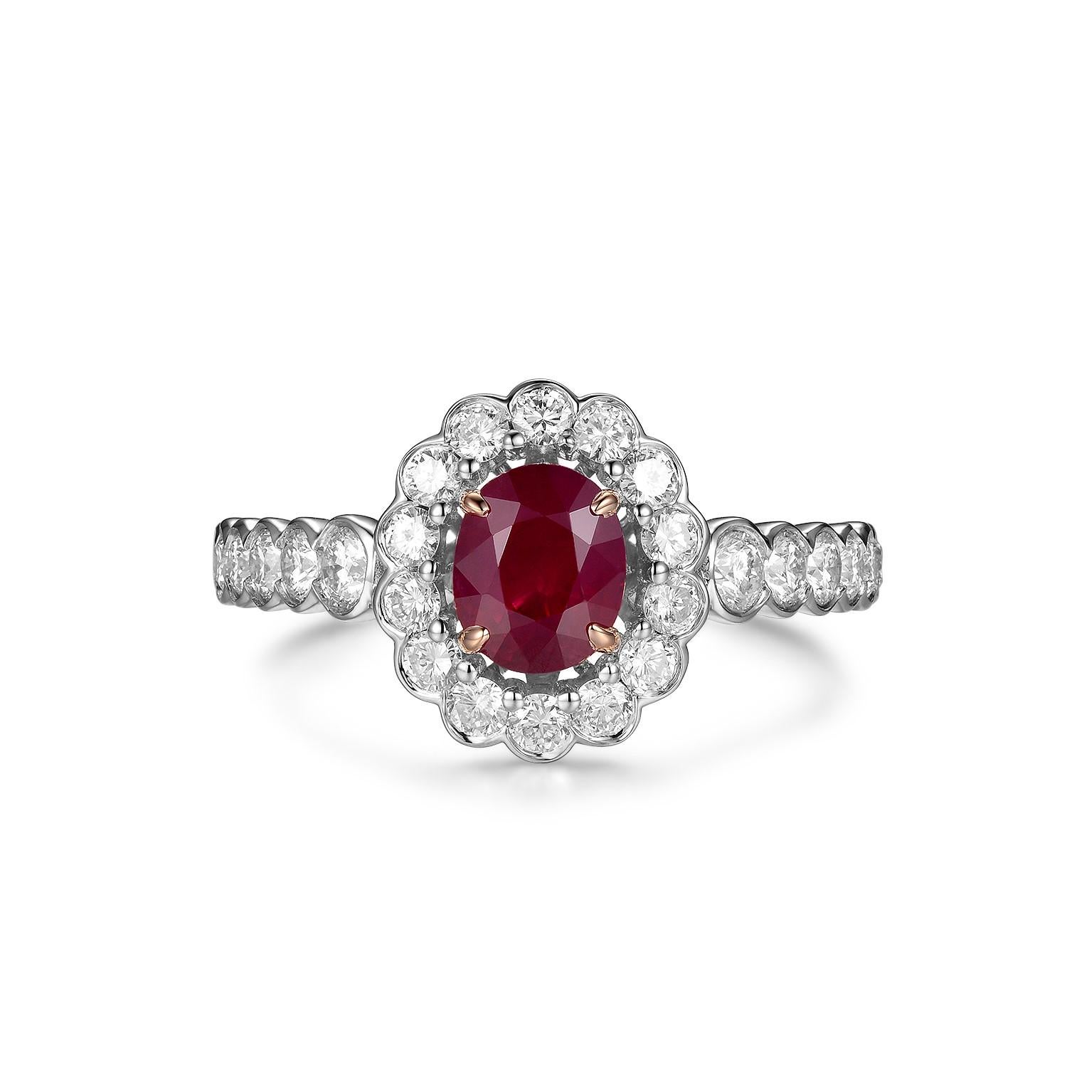 This ring features 0.9 carat of ruby in the center. A contemporary yet modern design. Assented with 0.76 carat of diamonds. Setting in 18 karat white gold. Gifts that last a lifetime.
Matching earring is also available, please visit our store front