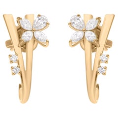 Boucles d'oreilles fleur en or jaune 18 carats avec diamants de 0,90 carat de pureté SI et de couleur hi-colore
