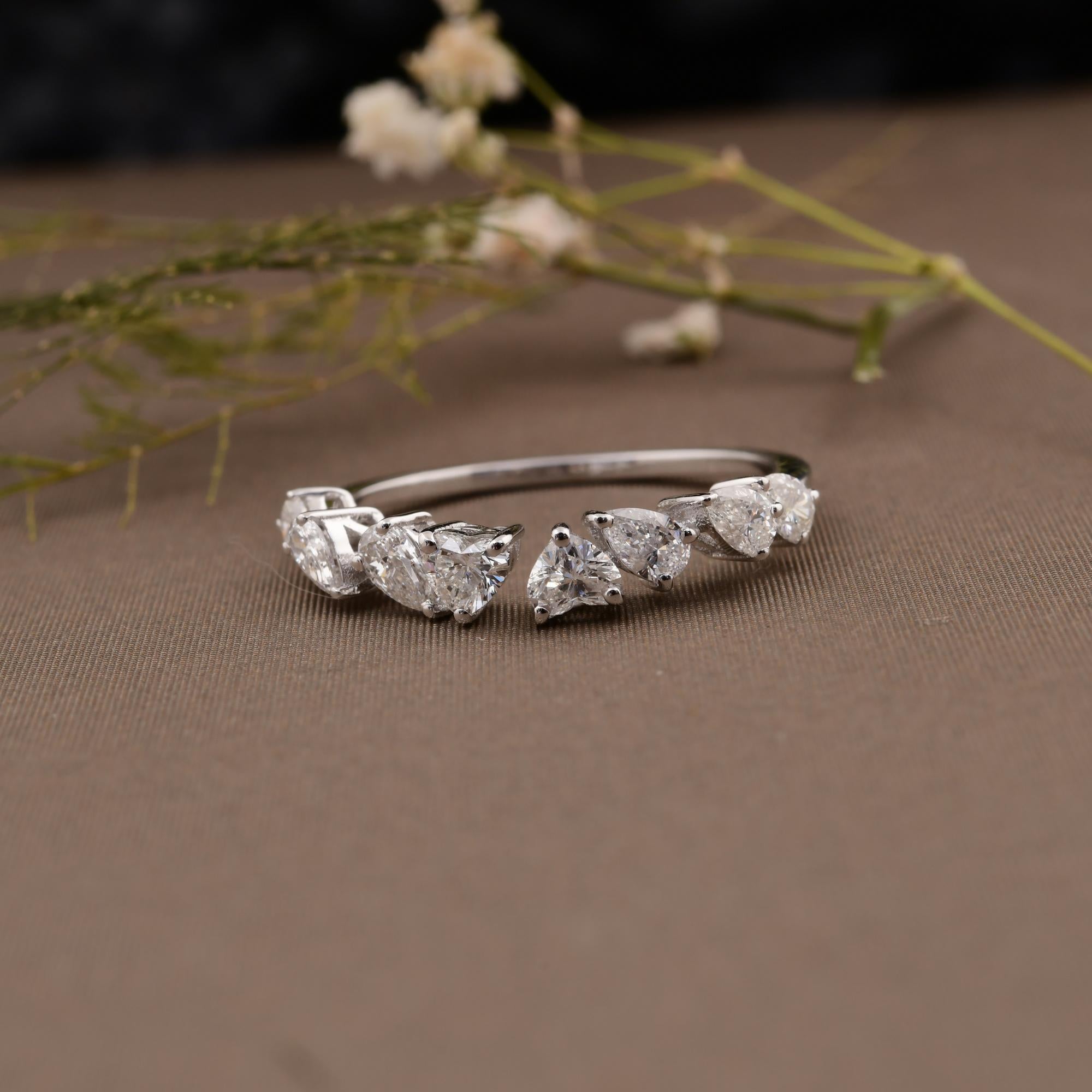 Modern 0.90 Carat SI Clarity HI Color Heart Pear Diamond Cuff Ring 18 Karat White Gold For Sale